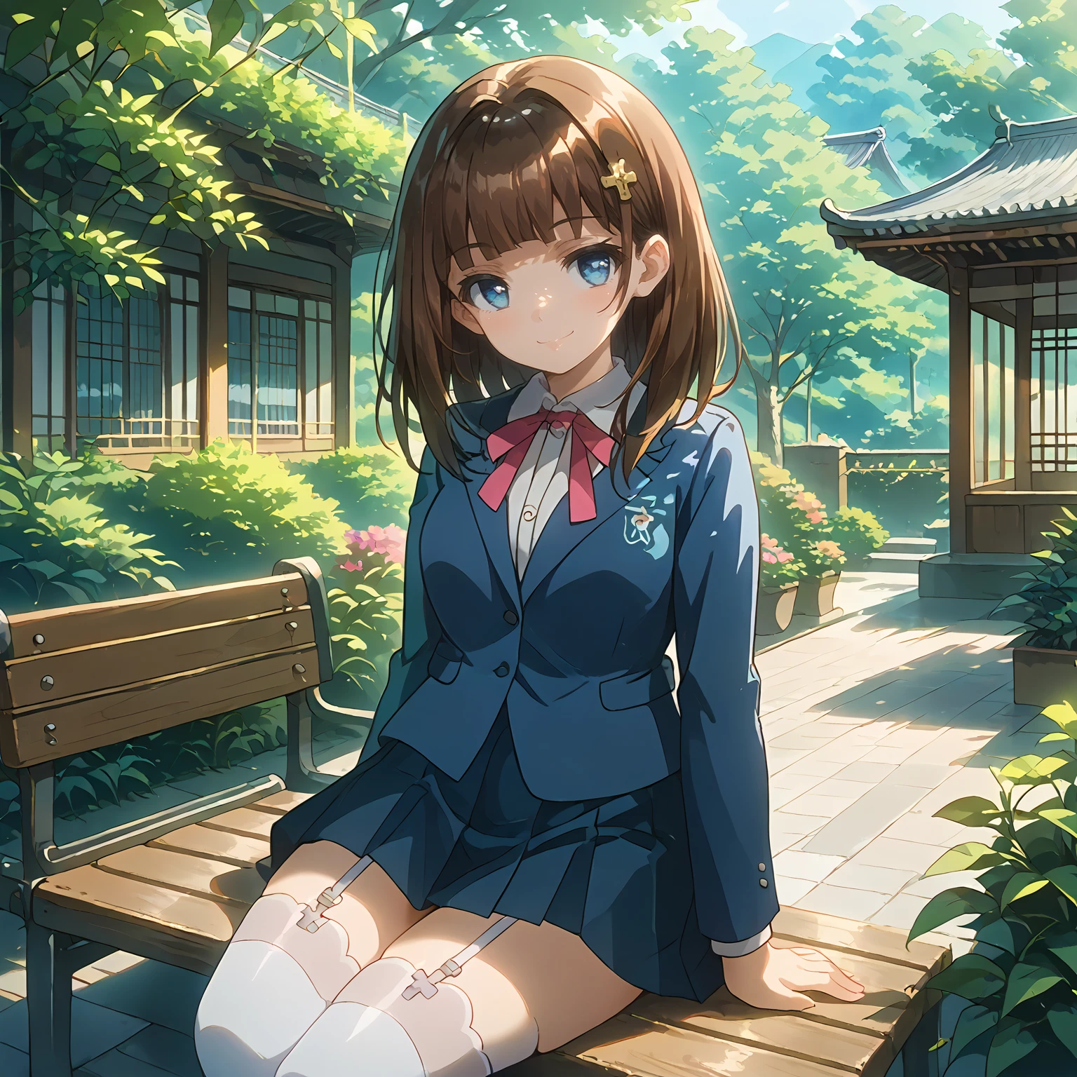 score_9, score_8_up, score_7_up,source_anime, depth of field, <lora:Japanese_Garden:0.6> japgab, east asian architecture, garden, sunlight, <lora:(Pony) Charlotte_Futsuma_Shoujo:1>, enchal, scuni, brown hair, blue eyes, school uniform, white garter straps, white thighhighs, sitting, on bench, tree, shadow, cowboy shot, seductive smile,