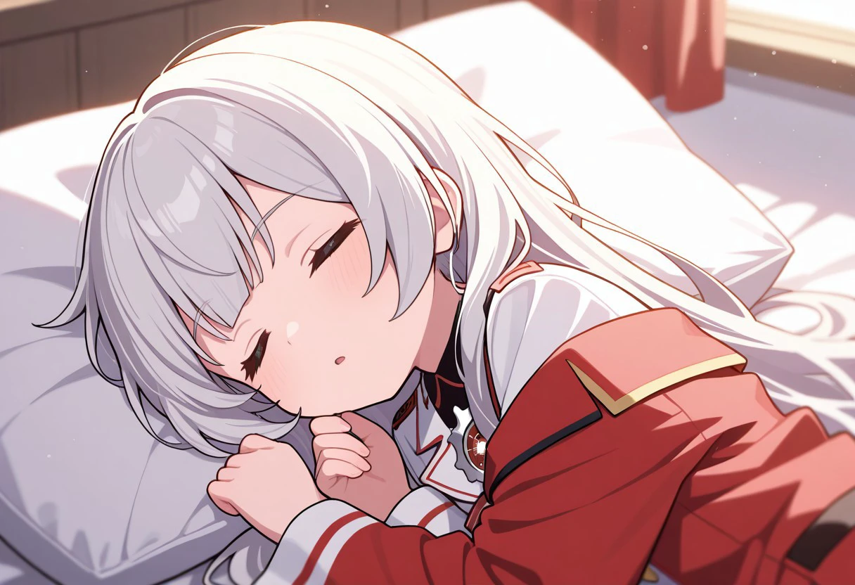 A woman, flowing white hair, melancholy eyes, yellow pupils, black diamond-shaped hairpin, Tiny feathers are dancing, crying, Lots of cushions A woman sticks a pair of scissors into a tattered, super huge red silk cushion,