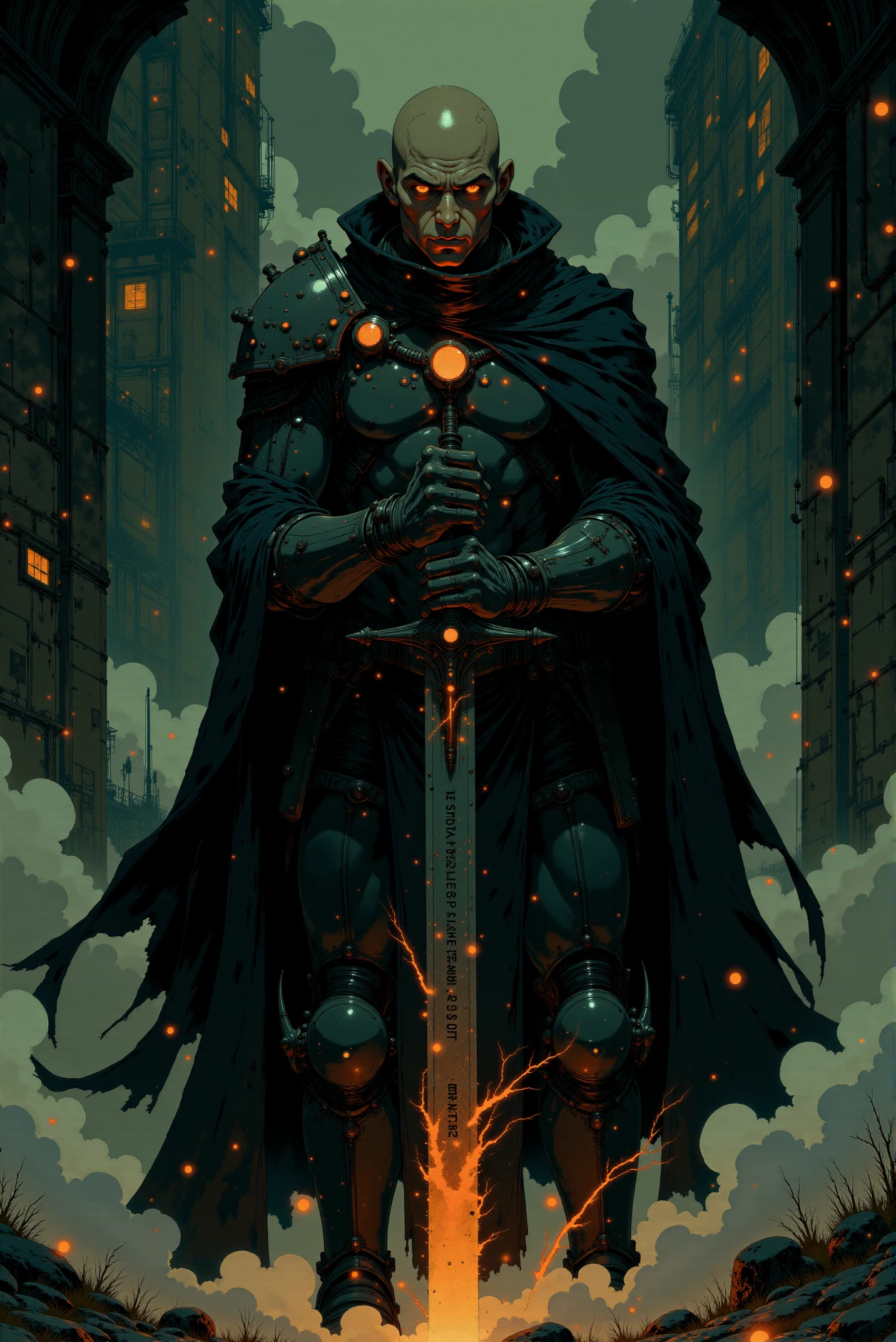 <lora:Fancha_style_v.5:0.8> Fancha style. An ominous figure stands at the center of a dark and foreboding scene, his presence radiating an aura of absolute power and malice. His bald head gleams under dim, fractured light, its surface marked with faint scars and veins that seem almost carved by time and battle. A pair of piercing, blood-red eyes burn with an unyielding intensity, their malevolent glow cutting through the shadows like embers in the void. His expression is one of cold, calculated fury, every line of his face etched with a history of conquest and unrelenting dominance. Encased in a gleaming, jet-black suit of armor, his form appears both human and machine—a seamless integration of organic menace and cold, unfeeling technology. The armor’s surface is polished to a near-mirror finish, accented by intricate grooves and harsh edges, yet marred with splatters of crimson blood that testify to recent violence. Over his shoulders, a tattered black cloak flows like liquid shadow, curling and shifting subtly as though animated by an unseen, malevolent force. In his hands rests a massive, rune-inscribed sword, its dark blade emanating a fiery red glow from its core as if forged from molten metal. The weapon’s hilt is adorned with sharp, angular designs and a pulsating crimson orb embedded at its center, exuding a dangerous, otherworldly energy. Trails of glowing red heat seem to drip from the blade’s edges, hissing into the swirling black mist that rises from the ground like smoke from a dying fire. The backdrop is a grim, industrial void punctuated by sharp vertical lines and faint orange glimmers, suggesting a ruined stronghold or a battlefield steeped in chaos. Subtle embers float through the air, casting an eerie glow that enhances the figure’s demonic silhouette. The scene is an evocative blend of gothic and cybernetic styles, portraying a being that is the embodiment of destruction and tyranny—an unstoppable force at the heart of an apocalyptic legend.