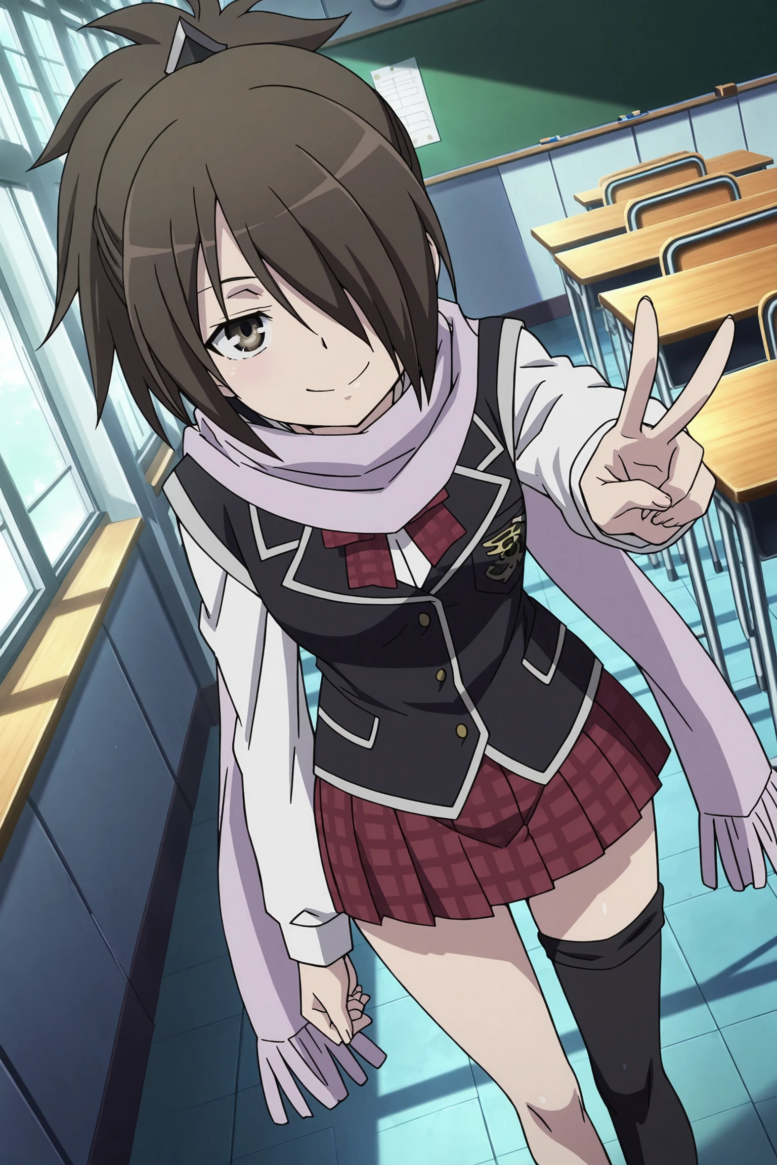 anime coloring, anime screencap, masterpiece, best quality,
in a classroom,
<lora:Levi_Kazama_Trinity_Seven_-_Illustrious:.7>
Levi Kazama (character), Levi school uniform (outfit), 1girl, solo, scarf, hair over one eye, brown hair, skirt, asymmetrical legwear, school uniform, ponytail, thighhighs, mismatched legwear, V peace sign, (high angle, dutch angle), girl is smiling, looking at the viewer