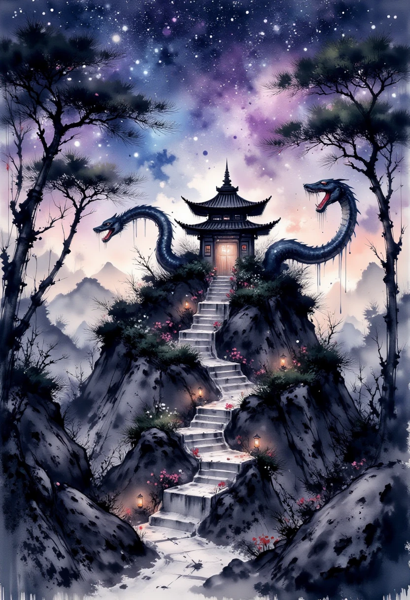 A sacred shrine sits atop a rocky hill, its torii gate silhouetted against a breathtaking night sky filled with swirling constellations and faint watercolor nebulae in shades of violet, blue, and gold. A massive, glowing serpent with shimmering silver scales weaves around the shrine, its body accentuated with bold ink outlines and faint glowing patterns etched into its skin. Small, glowing lanterns line the stone steps leading up to the shrine, their light reflecting faintly on the polished rocks. Surrounding the shrine, pine trees with ink-brushed branches sway gently in the cool night breeze, their dark forms blending into the soft watercolor gradients of the distant hills and sky.