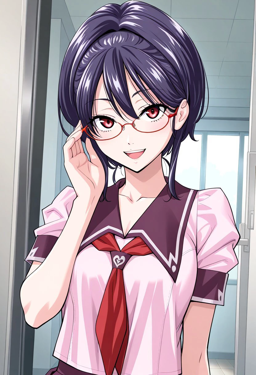 score_9, score_8_up, score_7_up, source_anime,(extremely detailed CG), (best quality),
mika,1girl,glasses,ponytail,Smile,from front,RED eyes,RED-FRAMED EYEWEAR,School uniform,Smile,from front,upper body, pink shirt, short sleeves, neckerchief, pleated skirt, looking at viewer, open mouth,