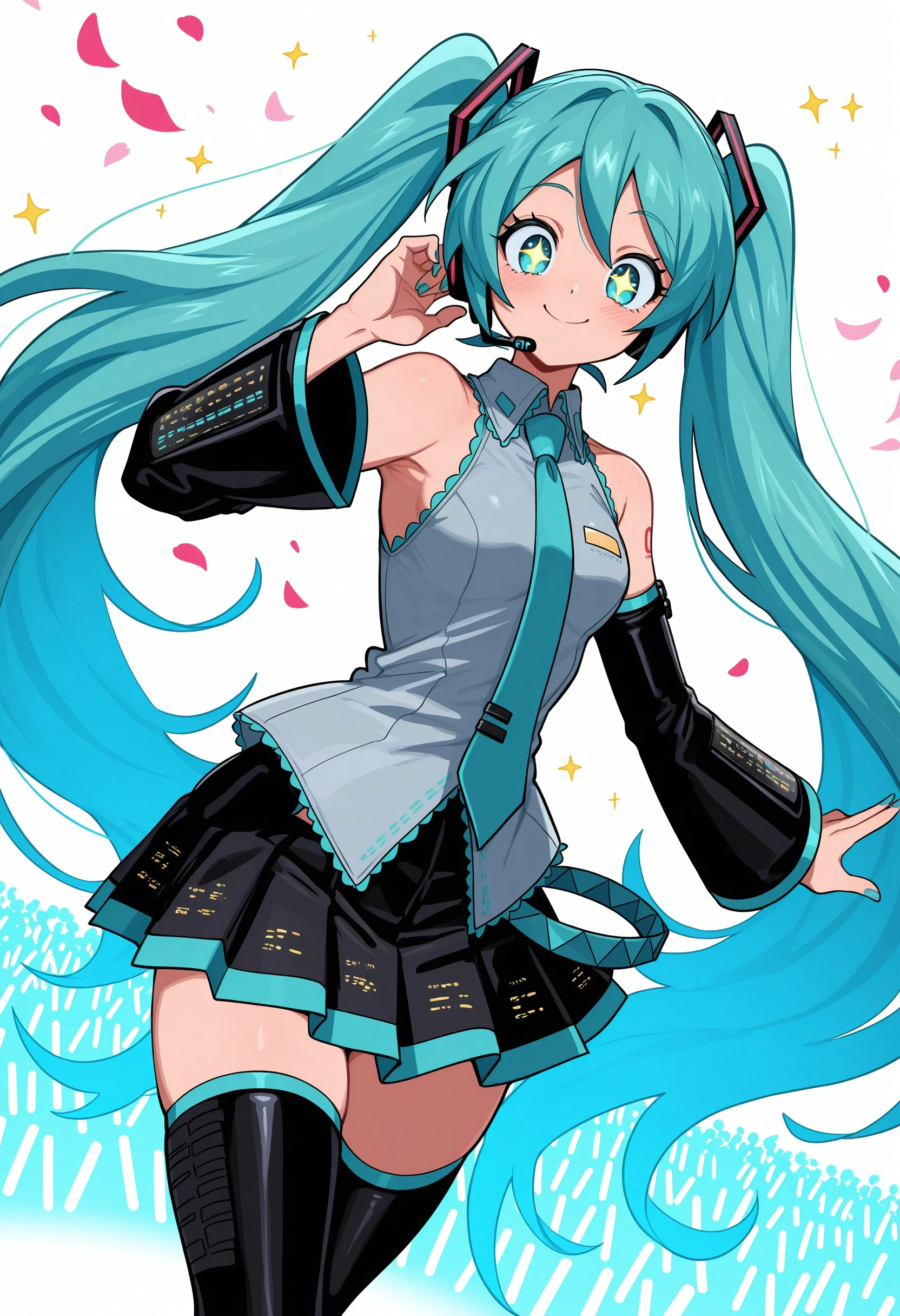 (masterpiece), best quality, expressive eyes, (best quality, ultra-high res), (intricate details), dynamic pose, (sharp focus), abstract, abstract, pink petals, glowstick, concert, confetti, dutch angle, star /(symbol/), sparkle, crowd, concert,
1girl, solo, hatsune_miku, long_hair, twintails, necktie, skirt, detached_sleeves, thighhighs, very_long_hair, white_background, headset, simple_background, aqua_eyes, nail_polish, aqua_hair, shirt, smile, blush, black_skirt, sleeveless, pleated_skirt, aqua_necktie, tattoo, headphones, black_thighhighs, sleeveless_shirt, zettai_ryouiki, looking_at_viewer, bare_shoulders, closed_mouth, grey_shirt
by nanika /(nnkgh/), by nanika /(nnkgh/), <lora:9ae4b06d-95ee-43cd-b9ce-61473040c875:0.9>