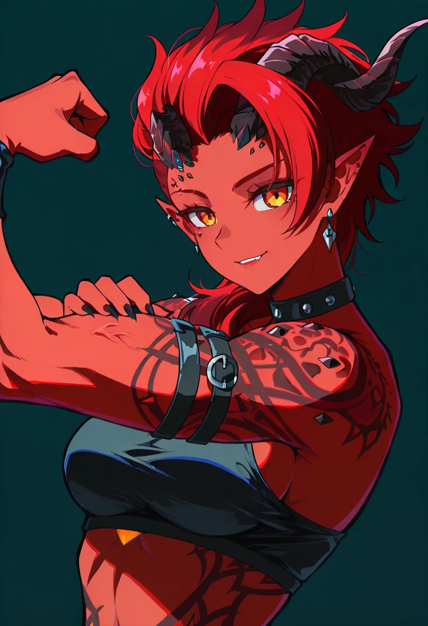 1girl,solo, reia 76, karlach, horns, red skin, pointy ears, earrings, jewelry, multicolored hair, red hair, two-tone hair, orange eyes, flexing,