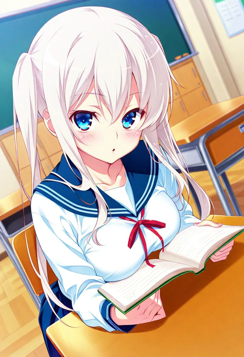 1 white-haired girl with ribbon decorations on her head, blue eyes in school mini skirt Women with white stockings at home