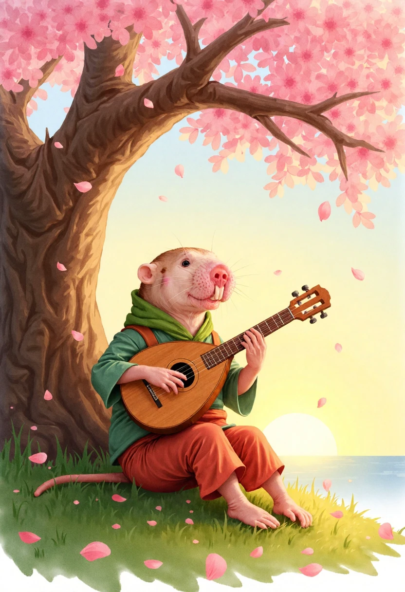 A watercolor-style rendering of m0l3r4t mole-rat as a wandering bard. He’s sitting under a cherry blossom tree, playing a lute with a peaceful smile. His outfit is a mix of flowing fabrics and soft pastel colors, with delicate brushstrokes blending the serene background of falling petals and a glowing sunset. Gentle and dreamlike.
