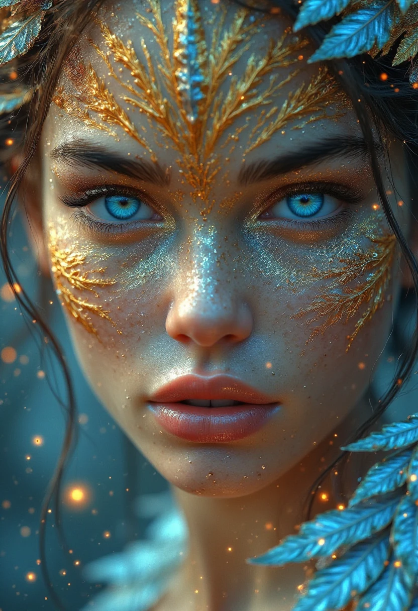 A close-up portrait of a woman with striking blue eyes. Her face is adorned with glittering gold and silver makeup, resembling delicate leaves and intricate patterns, and a hint of otherworldliness., The image captures a close-up portrait of a woman's face, full lips are slightly parted, like tiny stars, adding to her ethereal beauty. The background is a blur of blue and gold. <lora:Midjourney_Dreamlike_Fantasy_FLUX_LoRA:1>