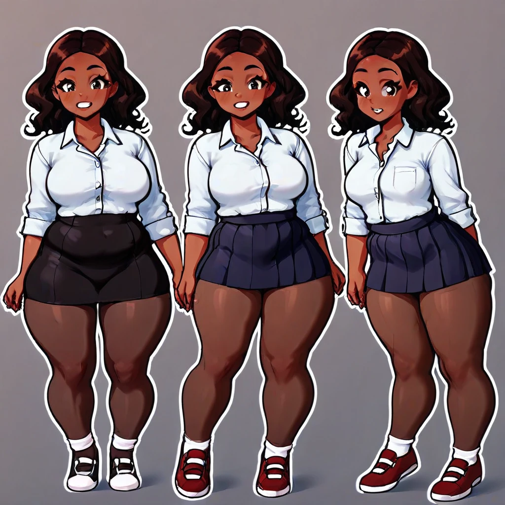 A pudgy, buxom teen of late adolescence with rosy cheeks, brown eyes, creamy blonde hair. She is in a white dress with a prominent bow on her waist. She has muscular, toned, realistic feet and legs. Her legs are thick, fat, curvaceous, fat, meaty, voluptuous, Rubenesque and plump. She is wearing black shoes. She is wearing a bright yellow woollen cardigan and a bright pink miniskirt. Her knees are together and she is holding a magnifying glass smiling warmly.