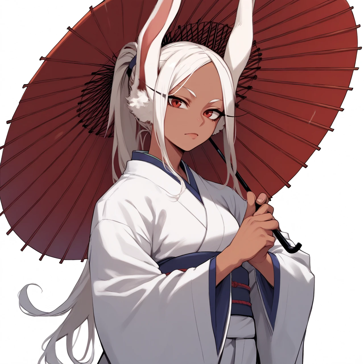 1girl, solo, cowboy shot, white background, dark skin, white hair, ponytail, red eyes, long eyelashes, rabbit girl, white kimono, defmirko, japanese clothes, holding, looking at viewer, paper umbrella  <lora:BNHA_Mirko-PONY:0.8>, score_8_up, score_7_up, score_6_up, score_5_up, score_4_up,