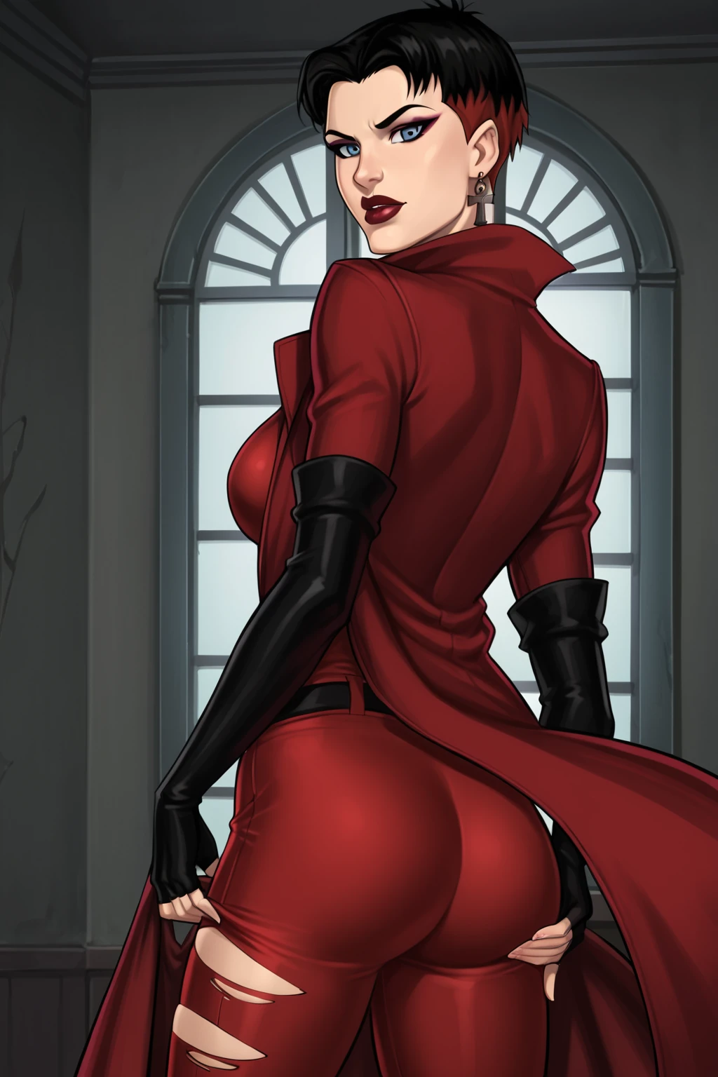 PonyXLV6_Scores BREAK ((parody), perfect anatomy, perfect eyes, cowboy shot) <lora:add_details_xl:0.8> BREAK <lora:Wanda_Maximoff_-_Marvel_Animation:0.8> wanda maximoff, short hair, black hair, two-tone hair, red hair, blue eyes, makeup, lipstick, red lips, flirting, raised eyebrow, ((looking back at viewer)), earrings, cross earrings, cross, long coat, elbow gloves, fingerless gloves, torn pants, large breasts, curvy, toned, athletic, standing, undressing, lifting up coat, showing off ass, indoors