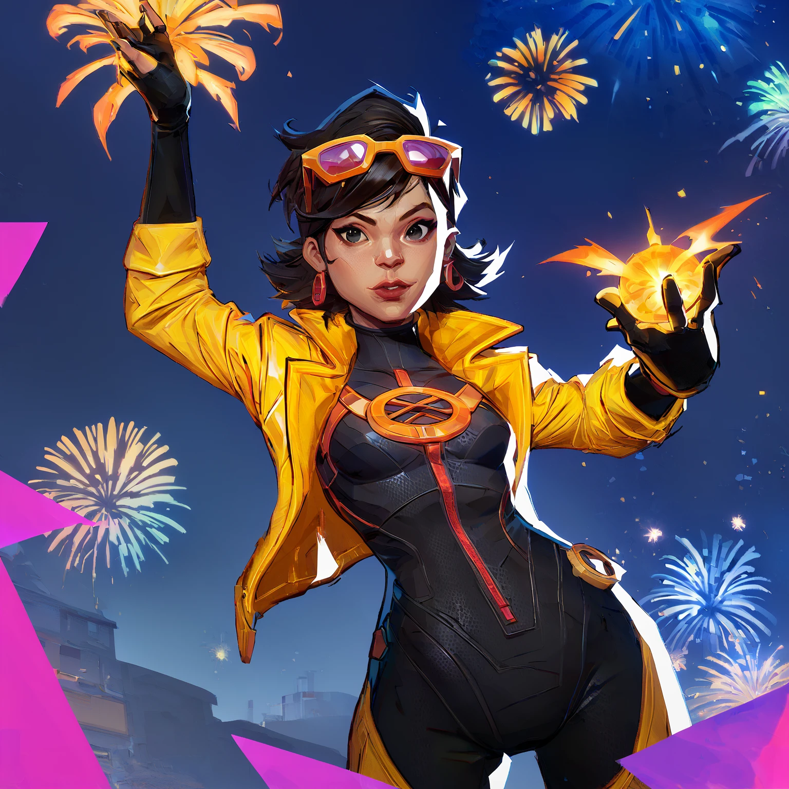 <lora:last:1>, mrvlrvls solo, score_9, 1girl, cowboy shot, <lora:0002jubilee:0.95>, jubily , solo, black hair,yellow jacket, eyewear on head, googles , short hair, black bodysuit, explosive fireworks emitting from hands,black eyes