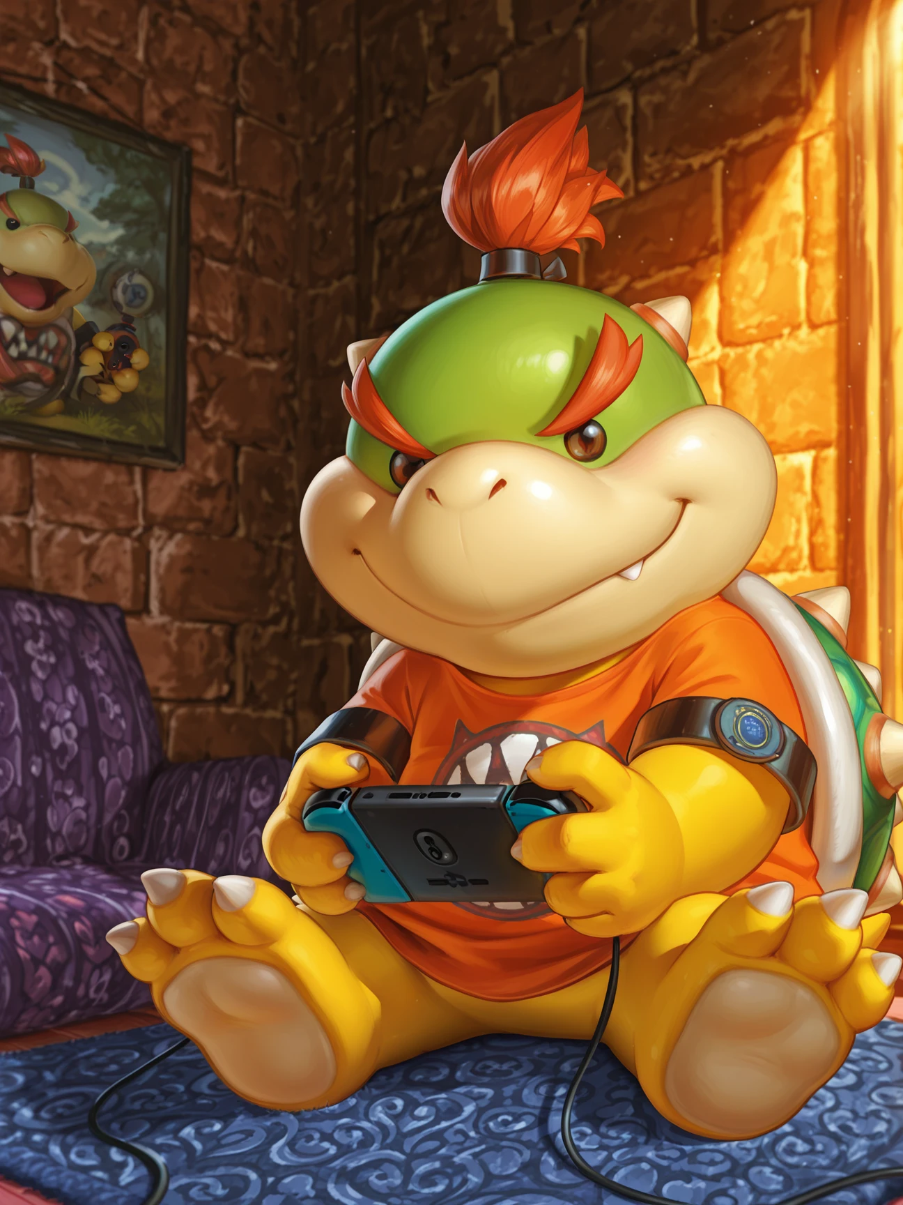 <lora:BowserJrIllustrious-000060:1> BowserJr, shelled, clothed, spiked shell, young, scalie, (dot eyes), koopa, 3 toes BREAK
playing videogames, sitting, smirking, holding joy-con, armband, orange large t-shirt, soles, dark fantasy stone walls, gaming carpet, BREAK
<lora:spo_sdxl_10ep_4k-data_lora_webui:1> photorealistic detail, detailed face, detailed eyes, detailed hair, depth of field, cinematic lighting, masterpiece, best quality, very aesthetic, absurdres, highly detailed, high resolution, highres, high detail, detailed background, outstanding, detailed, high resolution, 8K, perfect hands, highres, highres, 4k, 2k, high detail, amazing quality, very aesthetic, absurdres, newest, scenery, ultra-detailed, newest, scenery, painting, artstation,âââ (cinematic shadows), zPDXL3âââ