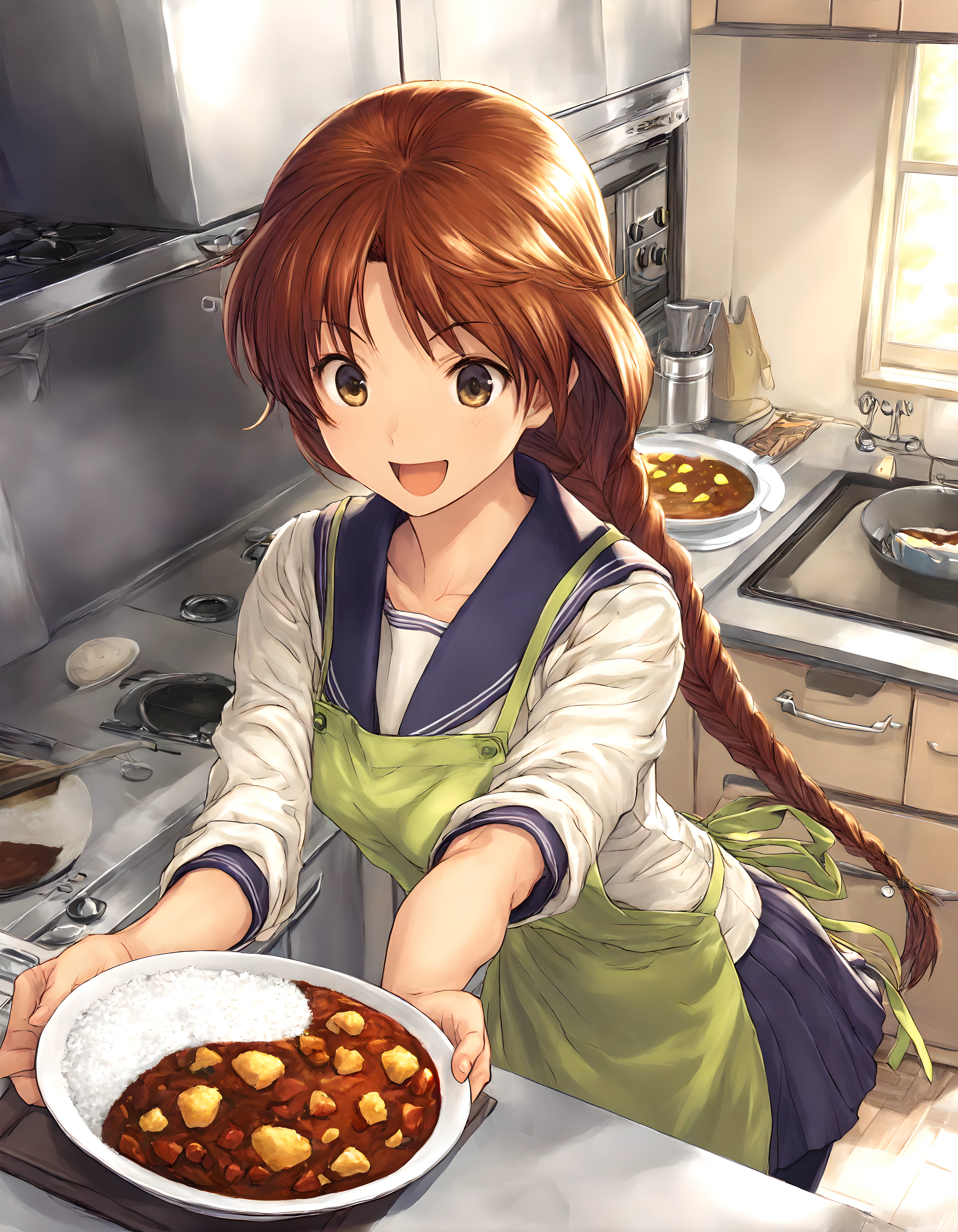 <lora:illustrious_XL_sakazaki:0.9>,sakazaki,masterpiece,best quality,good quality,1girl,solo,no hairband,single braid,school_uniform,apron,cooking,plate,curry rice,indoor,kitchen,smile,:d,