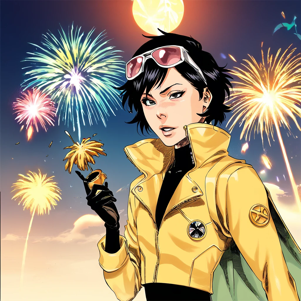 score_9s,score_8,core_8_up,, 1girl, cowboy shot, <lora:0002jubilee:0.95>, jubily , solo, black hair,yellow jacket, eyewear on head, googles , short hair, black bodysuit, explosive fireworks, black eyes, <lora:bleachcoloredmangaS:1>, stilblc