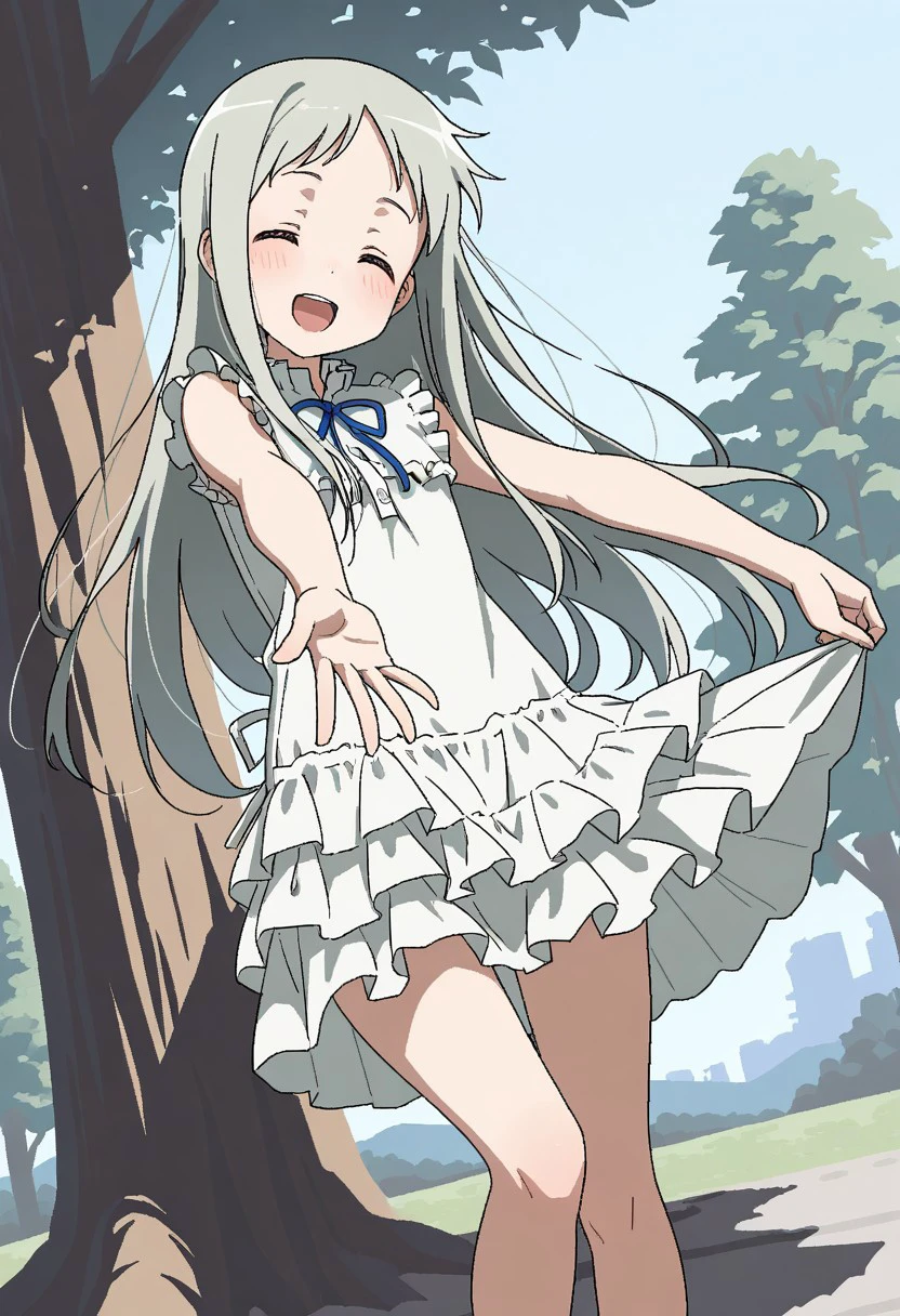 masterpiece, best quality, 32k, high resolution, absurdres, honma meiko, outstretched arms, happy, holding, bare legs, lying, ^_^, tree, skirt hold, jaggy lines, oekaki