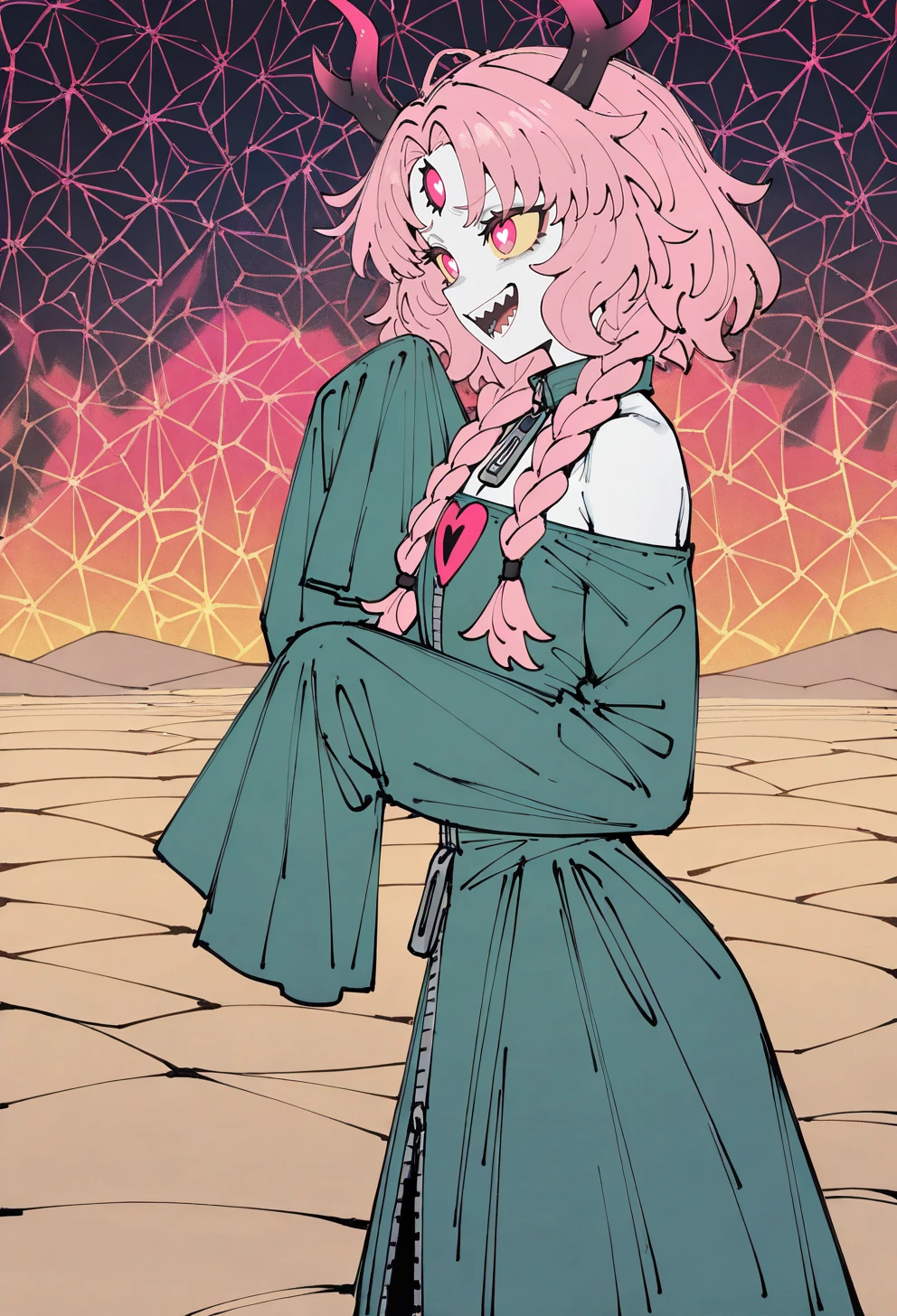 masterpiece,absurdres,best quality,very aesthetic,newest,female,solo,Toned Body,bright pink hair,Dutch Side Braid with Messy Finish,Pink and silver ombre,parted bangs,flat chest,pink eyes,looking at breasts,third eye,yellow sclera,heart pupils}Pearl White skin,sleeves past fingers,green dress,denim dress,Off-shoulder dress,zipper,No tail,deer ears,Twisted Chaos Horns,Shark Teeth,determined,from side,Laughing, hands thrown up,POV,Rolling Sand Dunes with a Caravan Silhouetted Against the Sunset,Abstract shapes blending, <lora:FateSamurai_Style:0.6>, faturaistyle,(sketch),flat colors
