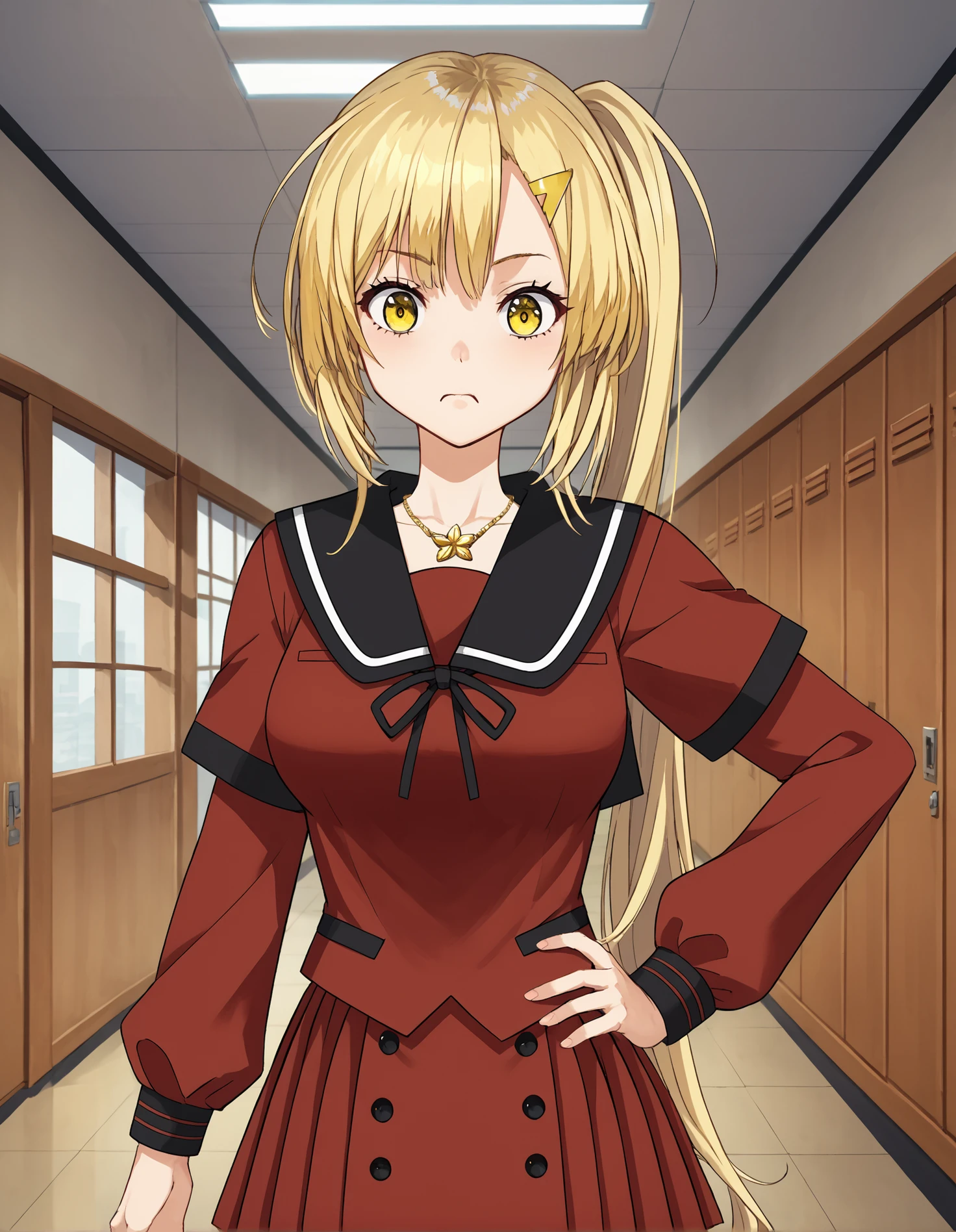 score_9, score_8_up, source_anime, 1girl, upper body, medium shot, detailed, mgrchazukiyusa, blonde hair, ponytail, yellow eyes, yellow hairpin, red shirt, black sailor collar, gold necklace, black neck ribbon, short over long sleeves, red pleated skirt, (surprised:0.7), hand on hip, indoors, corridor, <lora:mgrchazukiyusa_XL:0.9>