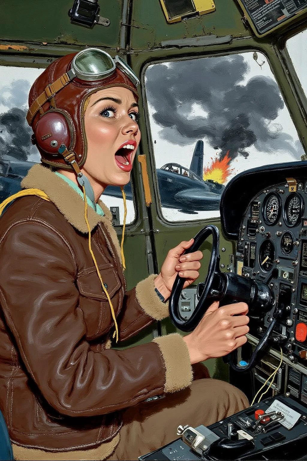 kard1 illustration
A female pilot screaming inside the cockpit of a World War II bomber. The pilot, wearing a vintage leather flight helmet with goggles and a bomber jacket, grips the controls with white-knuckled hands. Her face is contorted in a mix of fear and determination as she yells, her eyes wide with adrenaline. The cockpit is cramped and filled with old-fashioned dials and gauges, with the outside view showing dark stormy clouds and distant anti-aircraft fire
 <lora:kard1_cap_d6a3:1.0><lora:816537862381027072:0>