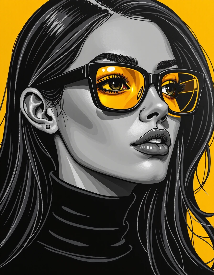 Close-up of a stylized female portrait. The figure is rendered in a grayscale palette, with a deep black color for clothing and hair, set against a vibrant yellow background. The woman has long, dark hair that falls down her back. Her facial features are defined, with a strong jawline and a confident expression. She is wearing large, square-framed sunglasses with amber or yellowish-gold lenses. The sunglasses are a noticeable feature, contrasting sharply with the surrounding dark tones. A turtleneck-style top is visible, further enhancing the silhouette. The overall style is fashion-forward and somewhat dramatic, emphasizing form and contrast against the background. The figure is presented in a three-quarter profile view., illustration, crayon, glow, raw, masterpiece, HDR, 8K, UHD, soft lighting, crisp, clear, cinematic lighting, highly detailed