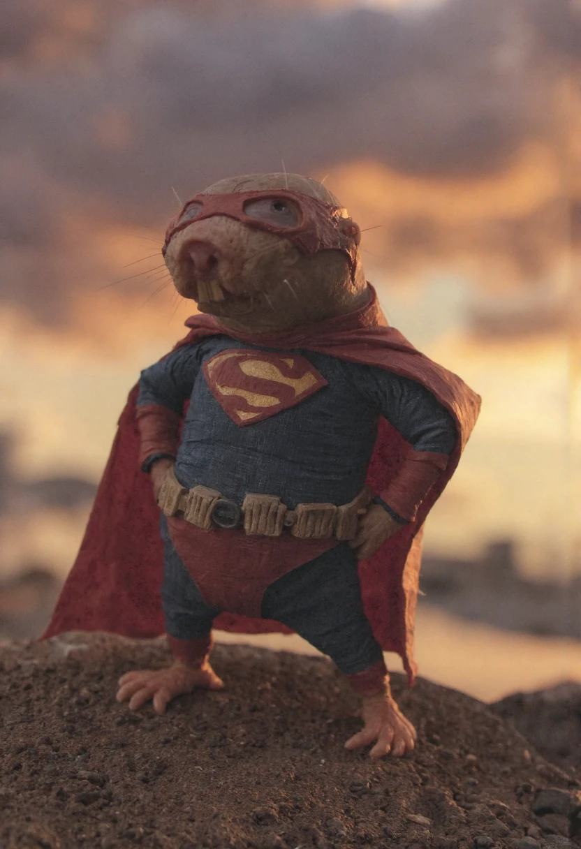 A m0l3r4t mole-rat dressed as a superhero, wearing a cape and a mask, standing on a rooftop at sunset, dramatically posing with its tiny fists on its hips.