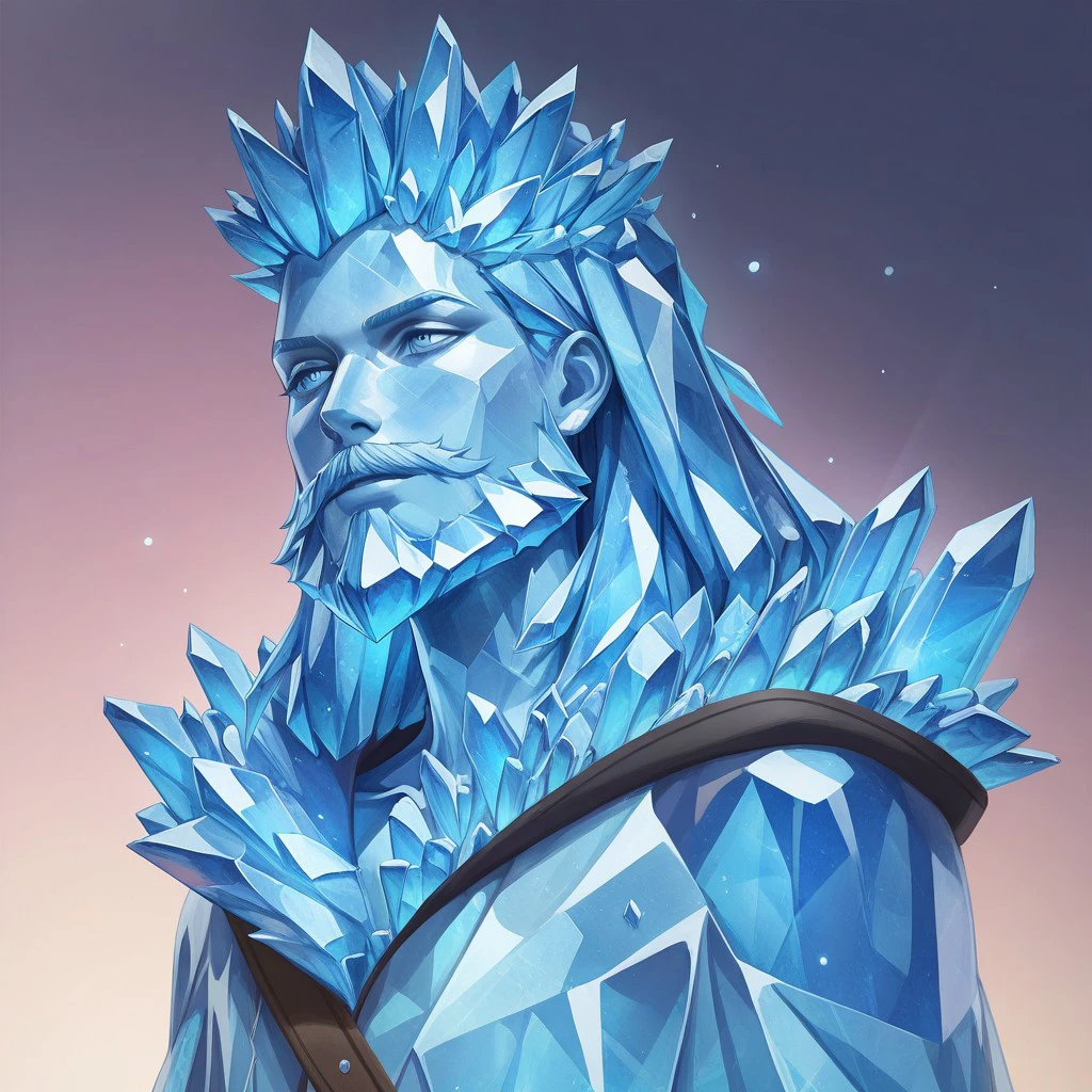 masterpiece, best quality, newest, absurdres, highres,  anime, anime style, 1boy, Overgrownwithcrystal-IL.V1.0, crystal, CrystalThemed-IL.V1.0, crystal hair, crystal beard, sapphire, blue crystal, crystal skin, made of crystal,