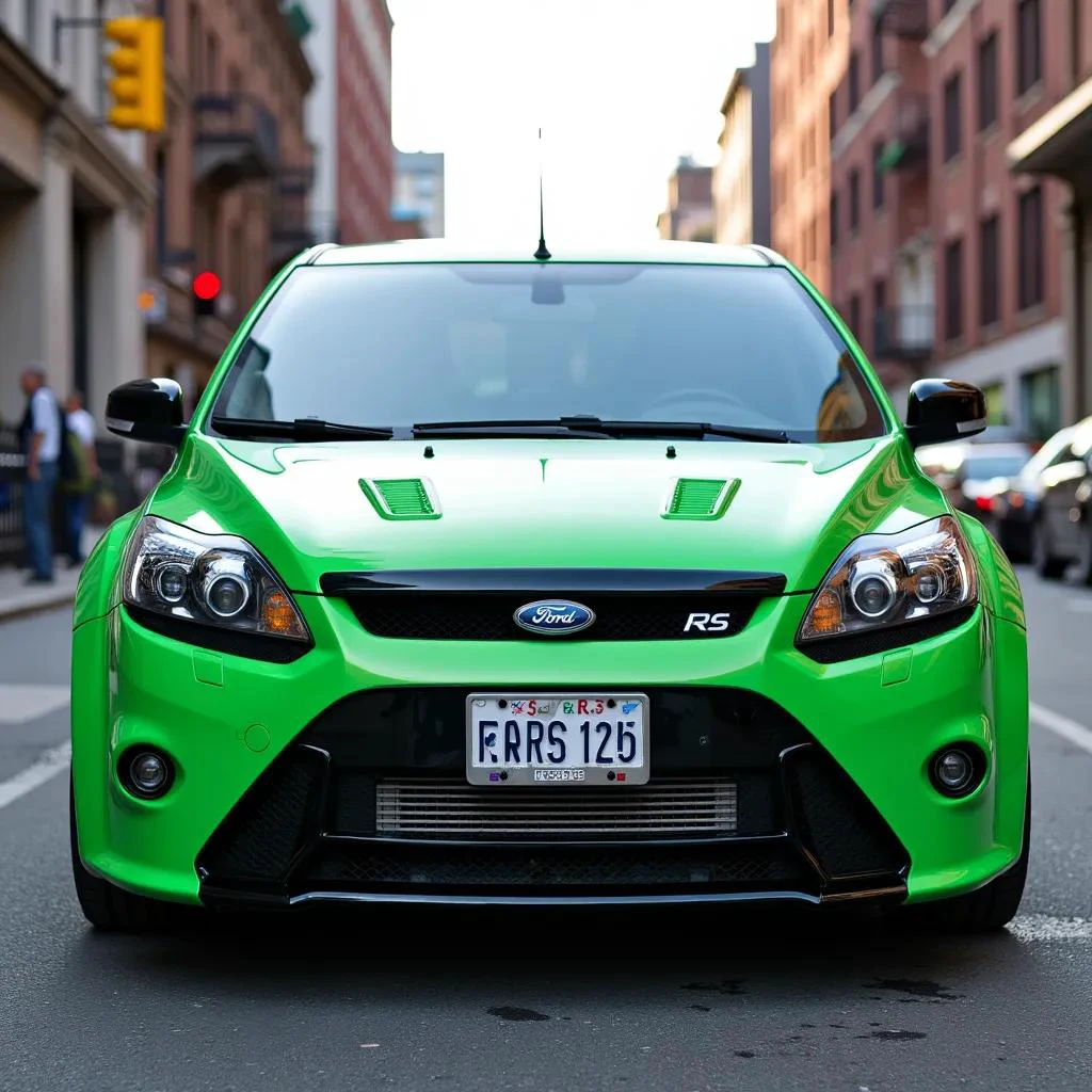 green 2009 Ford Focus RS in New York, front view, square license plate