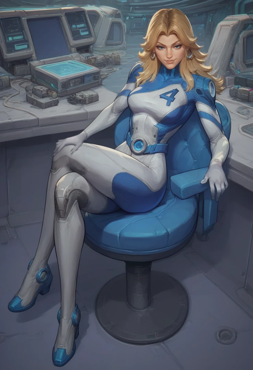 score_9, score_8_up, score_7_up, score_6_up, expressiveh, invisiblewoman_rivals, 1girl, solo, full body, blonde hair, long hair, eyeliner, blue eyes, earrings, bodysuit, white bodysuit, white clothes, gloves, belt, boots, blue details, looking at viewer, sitting, (crossed legs), sitting with legs crossed, indoors, hi-tech lab, futuristic, technology, laboratory, godrays, dynamic light, dramatic light, sitting on futuristic chair, half-closed eyes, smiling, seductive smile, from above <lora:cutesexyronutts_style_xl:0.9> <lora:Invisible_Woman_Marvel_Rivals_-_PonyXL:0.6>