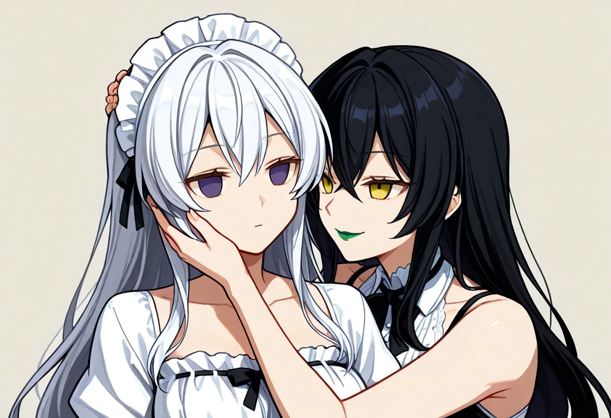 anime, two girls, adult, empty eyes, hypnotized, expressionless, blank expression, lipstick, red lipstick, yellow lipstick, green lipstick, blue lipstick, purple lipstick, pink lipstick, black lipstick, long hair, white hair, black hair, twins, looking at each other, staring into eyes, maid outfit, sexy smile, hand on cheek, hand on head, hug