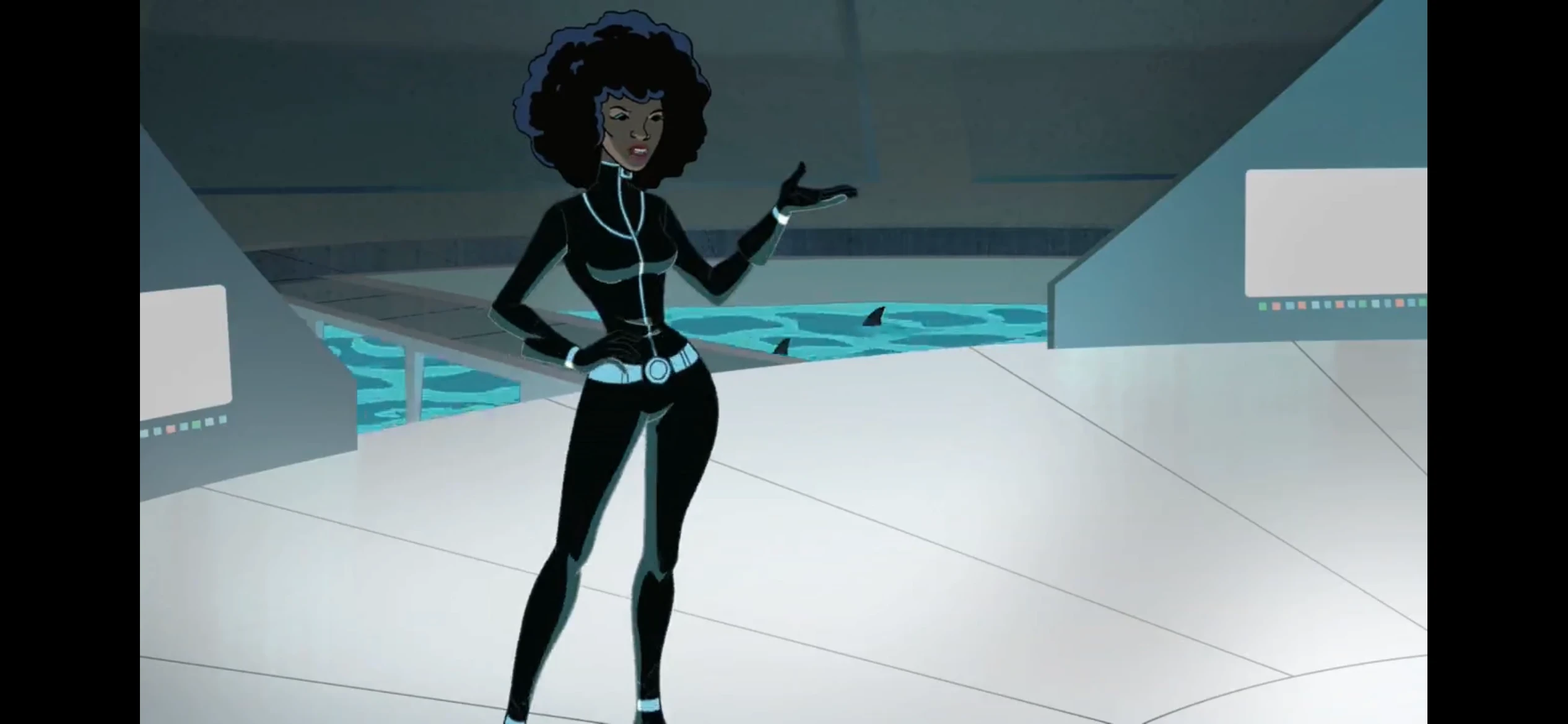 1girl, score_9, score_8_up, score_7_up, masterpiece, high quality, western cartoon, neon lighting, very detailed, depth of field, cinematic illumination, volumetric lighting, full color picture, vibrant colors, solo, alone,
1girl, TriG, dark skin, WTG, white hair, short hair, white eyes, white lips, white earrings, white crop top, white elbow gloves, belt, gold buckle on belt, midriff, white skirt, white thighhighs, white boots, gold ring, zettai ryouiki, makeup, miniskirt,
standing, facing forward, full body, standing, happy, smiling, dynamic, looking at viewer, spaceship, cool lighting, interior,