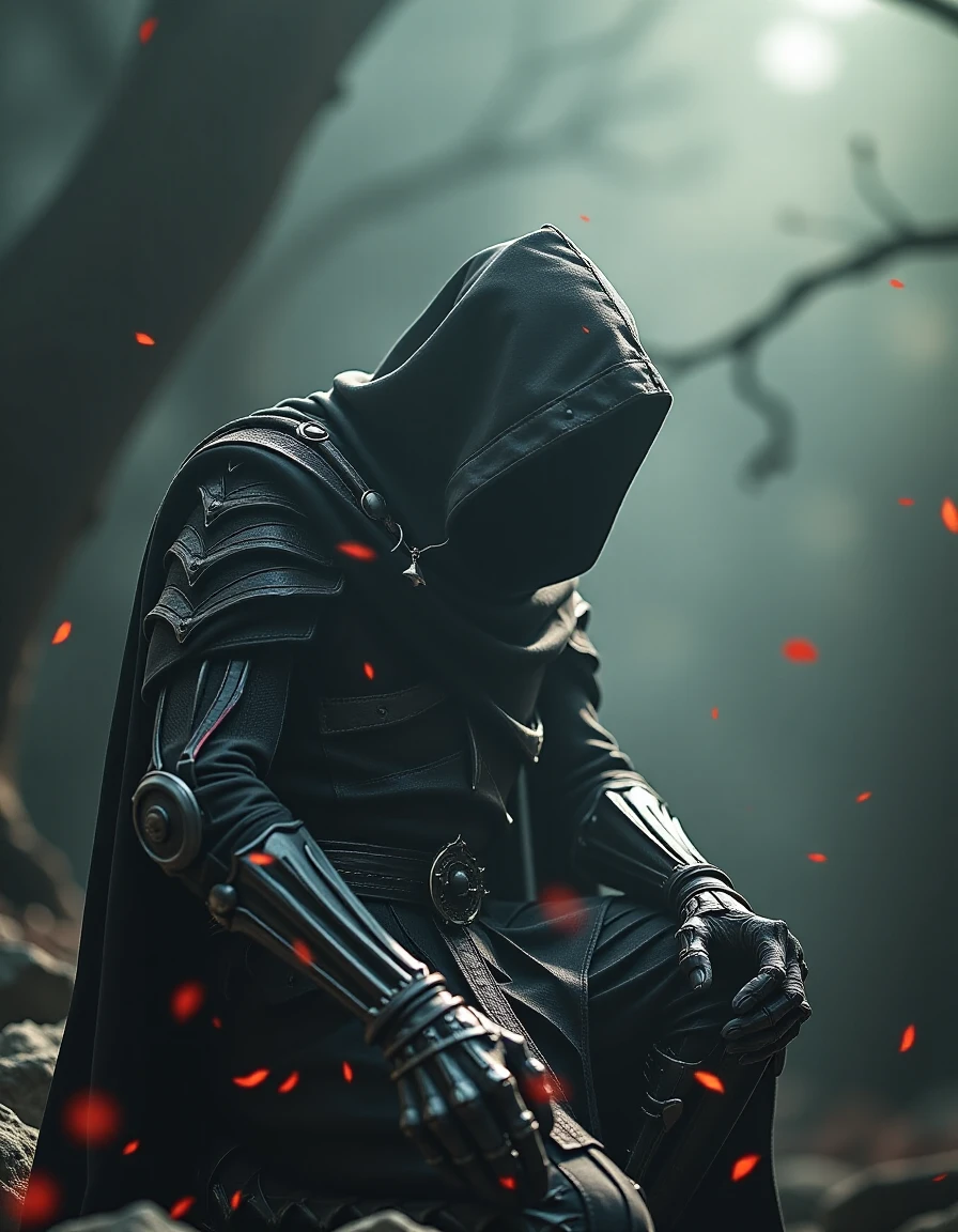 a photo, extremely detailed background, cinematic, masterpiece, a dark hooded figure, Dark Fantasy page, a reaper who seems to meld with the shadows, cloaked in armor made of bone and darkness, the figure exudes an air of mystery and forbearance, with a dark crimson aura, captures the anomaly and maleficence of the character with vivid detail, high contrast, deep shadows, The Hood obscures the face completely, kneeling, (torn cape:1.1), close up, light particles, the agency of evil, from below, raw, masterpiece, HDR, 8K, UHD, soft lighting, crisp, clear, cinematic lighting, highly detailed