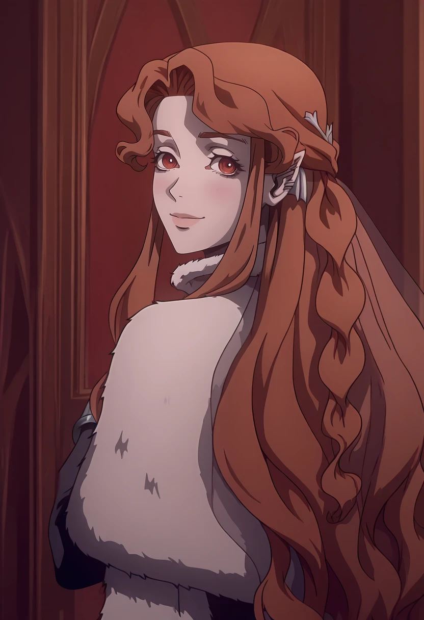 masterpiece, best quality, amazing quality, very aesthetic, intricate details, depth of field, cel shading, pinup, BREAK.
indoors, blush, smile, looking at viewer, BREAK. black dress, long dress, long sleeves, fur trim, fur cloak, ring, cuffs, BREAK. , looking back, BREAK.
<lora:Lenore_ILXL_v1:1>, 1girl, solo, pale skin, vampire, fangs, pointy ears, red eyes, brown hair, long hair, sidelocks, parted bangs, wavy hair, braid, necklace, ear piercing, BREAK.
<lora:Castlevania(Netflix)_ILXL_Style_v1:0.4>