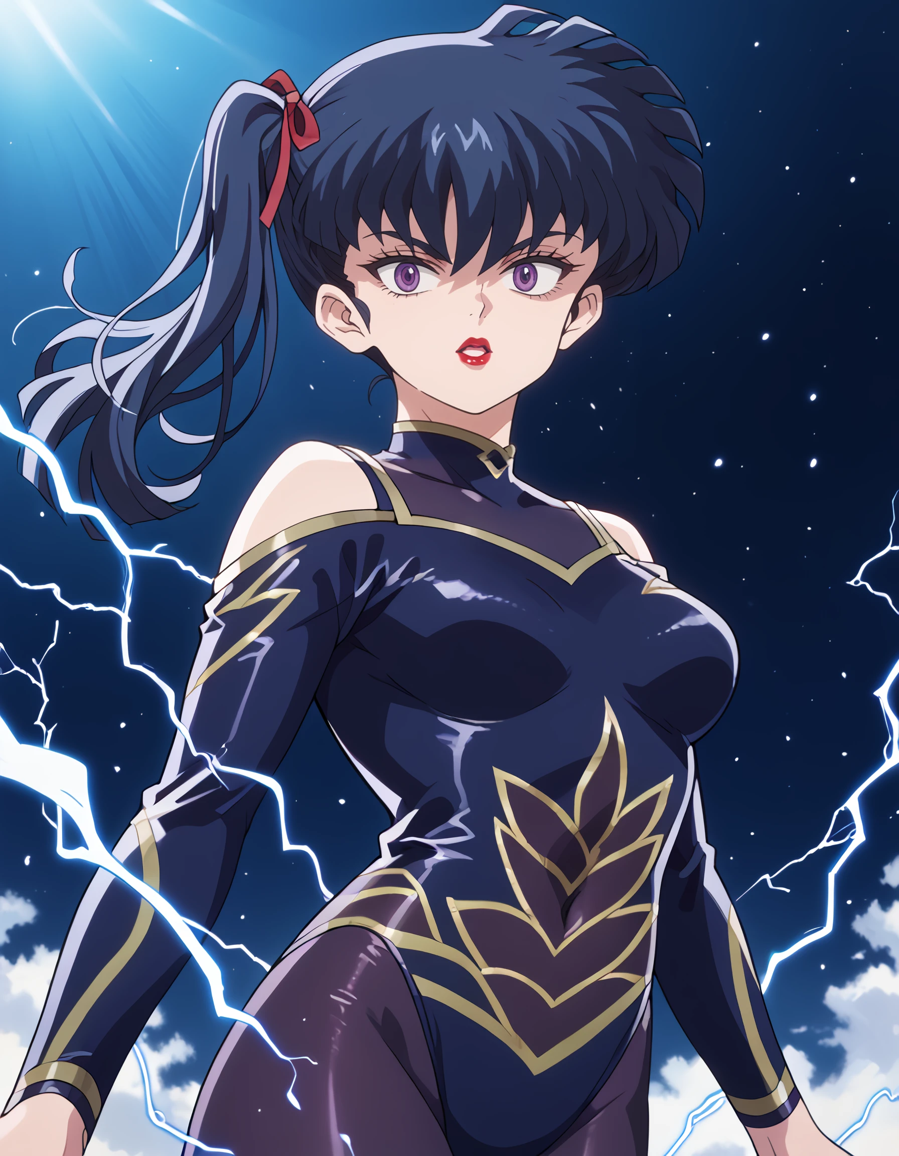 <lora:kodachi_kunou_pony:1> score_9, score_8_up, score_7_up, source_anime, rating:safe, kodachi_kunou, long_hair, black_hair, side_ponytail, hair_ribbon, purple_eyes, makeup, lipstick, red_lips, blue_leotard, 1girl, bare_shoulders, bodystocking, breasts, cowboy_shot, electricity, grey_background, linea_alba, looking_at_viewer, medium_breasts, navel, red_lips, solo,, backlighting, depth_of_field, light_particles, (1990s_\(style\), masterpiece, detailed, best_quality