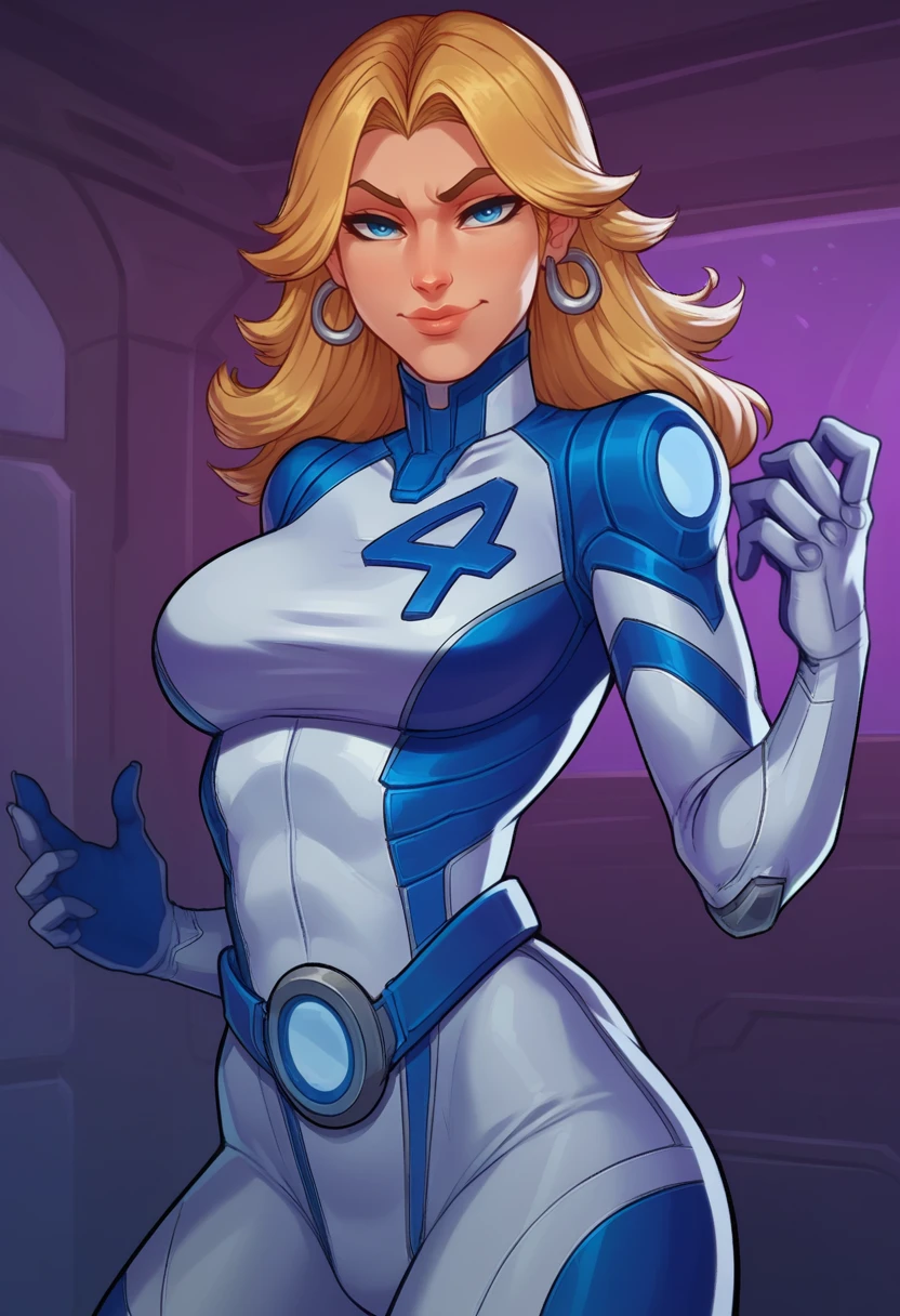 score_9, score_8_up, score_7_up, score_6_up, expressiveh, invisiblewoman_rivals, 1girl, solo, blonde hair, long hair, eyeliner, blue eyes, earrings, bodysuit, white bodysuit, white clothes, gloves, belt, blue details, looking at viewer, detailed background, posing, dynamic angle, dynamic pose, godrays, dynamic light, dramatic light, sexy pose, seductive pose, smile, seductive smile, perfect body, sexy, seductive, looking at viewer, cropped, cowboy shot, indoors, laboratory, hi-tech facility, technology, futuristic, futuristic lab equipment,<lora:DJCompsLycoXL:0.9> <lora:Invisible_Woman_Marvel_Rivals_-_PonyXL:0.7>