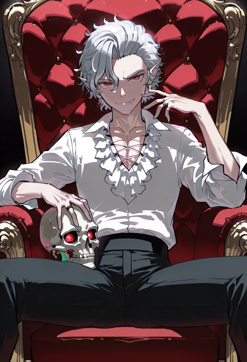 astarion, red eyes, 1boy, male focus, vampire, pointy ears, solo,  fangs, mole, sitting, skull, smile, ring, looking at viewer, grey hair, throne, pants, shirt, asteroid ill