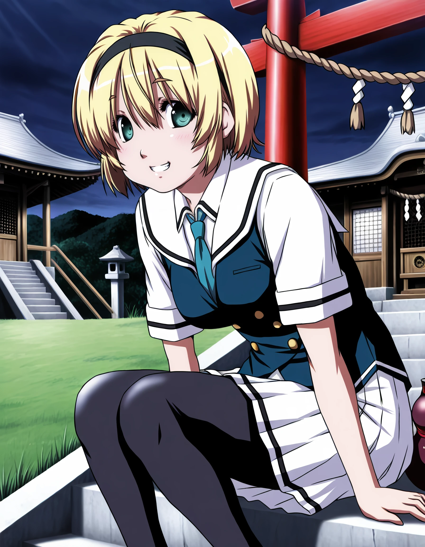 <lora:sakurako_kujirase_IL:1> rating:safe, sakurako_kujirase, short_hair, hairband, blonde_hair, hair_between_eyes, green_eyes, aqua_eyes, school_uniform, collared_shirt, white_shirt, blue_necktie, vest, short_sleeves, pleated_skirt, white_skirt, black_pantyhose, black_footwear, 1girl, architecture, barefoot, black_sky, breasts, east_asian_architecture, gourd, grass, grin, hunched_over, ladder, looking_at_viewer, miko, plunging_neckline, rope, shimenawa, shrine, sitting, sky, small_breasts, smile, solo, stairs, torii, valve, water_tank, (nori_tamago:1.1), (2000s_\(style\)),, masterpiece, detailed, best_quality