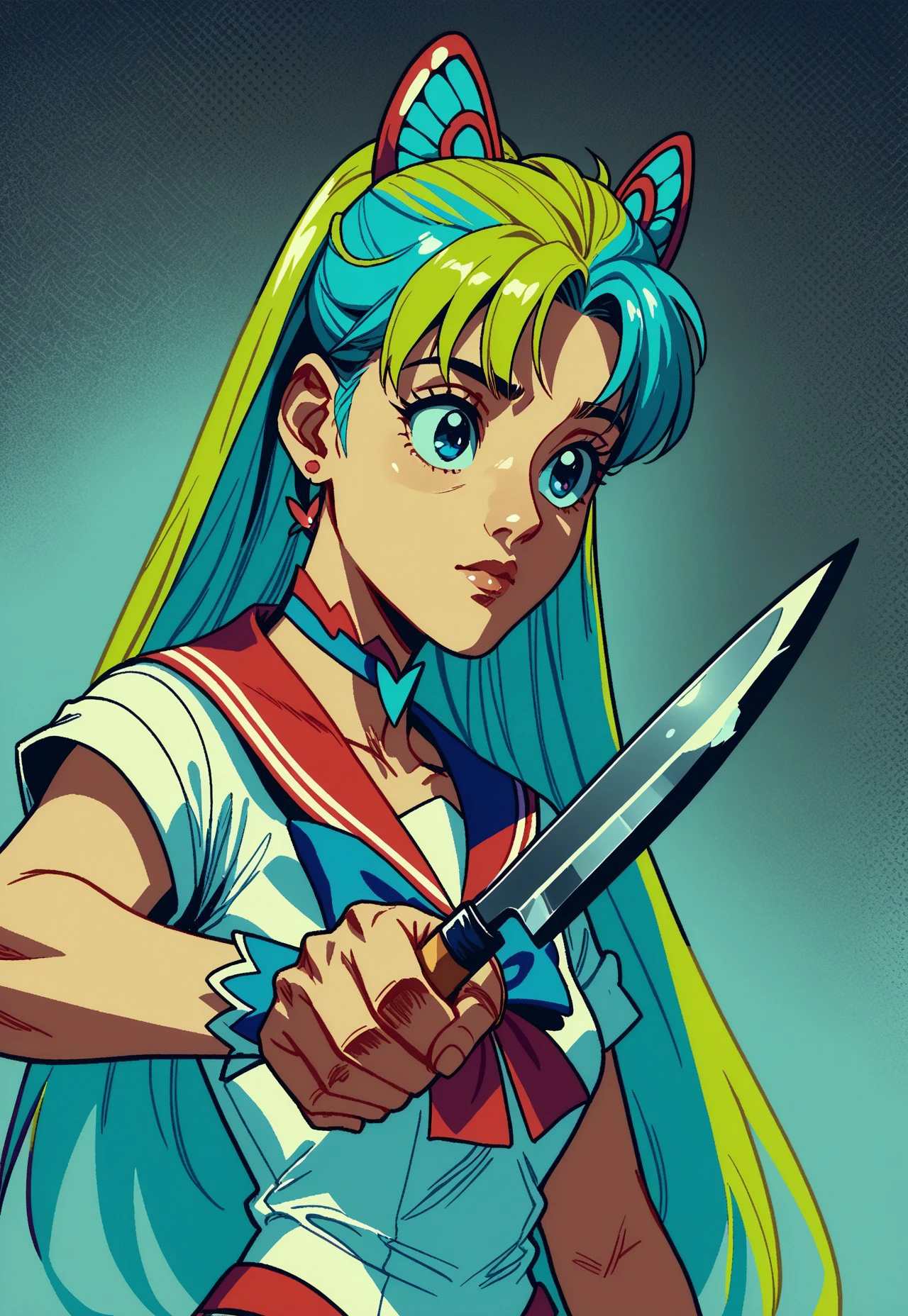 PonyXLV6_Scores MangaAesthPDXL fern ,holdkknife, butterfly, magical girl, sailor scout uniform, rainbow hair, upper body,holding,holding knife,kitchen knife