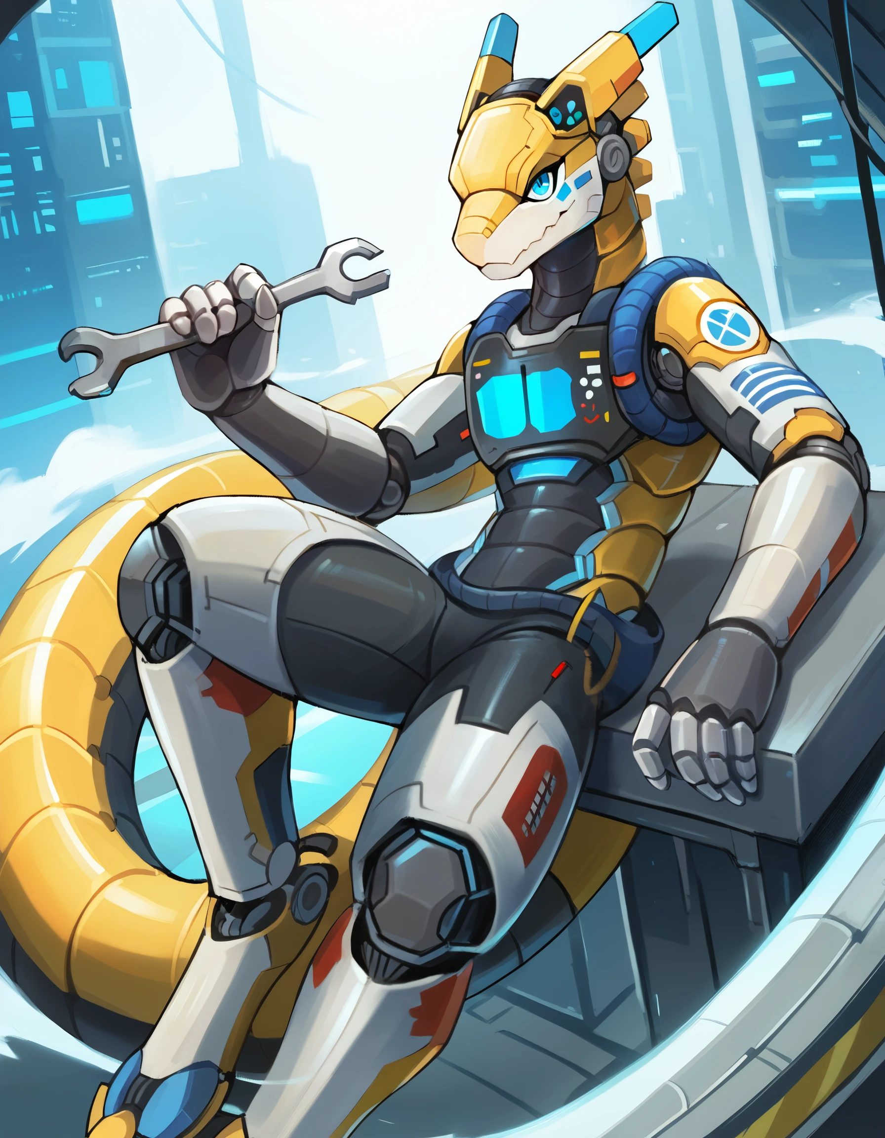 score_9, score_8_up, score_7_up, high quality, hires, by plive, furry, anthro, seductive, looking at viewer, detailed background, <lora:Plive_Artist_Style.safetensors:1.2>, (close up, By Plive, solo, robot, tail, holding, weapon, wrench, mechanical tail, blue eyes, furry, cable, science fiction, joints, humanoid robot:1.15)