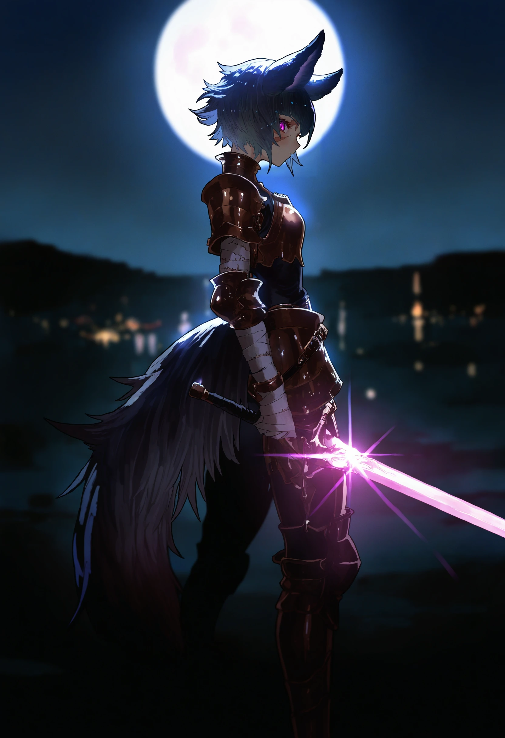 by [ekrea jan|diyokama|say hana|yoneyama mai], granblue fantasy,
1girl, monster girl, wolf ears, standing atop a cliff overlooking a moonlit cityscape,
armor, glint, glowing sword,
full moon, shadow, dark, backlighting,
from side, looking at viewer, glint, multiple scars, bandages,
depth of field,
masterpiece, best quality, very awa, absurdres
<lora:noobai_vpred_1_monster_girl_v1:1>