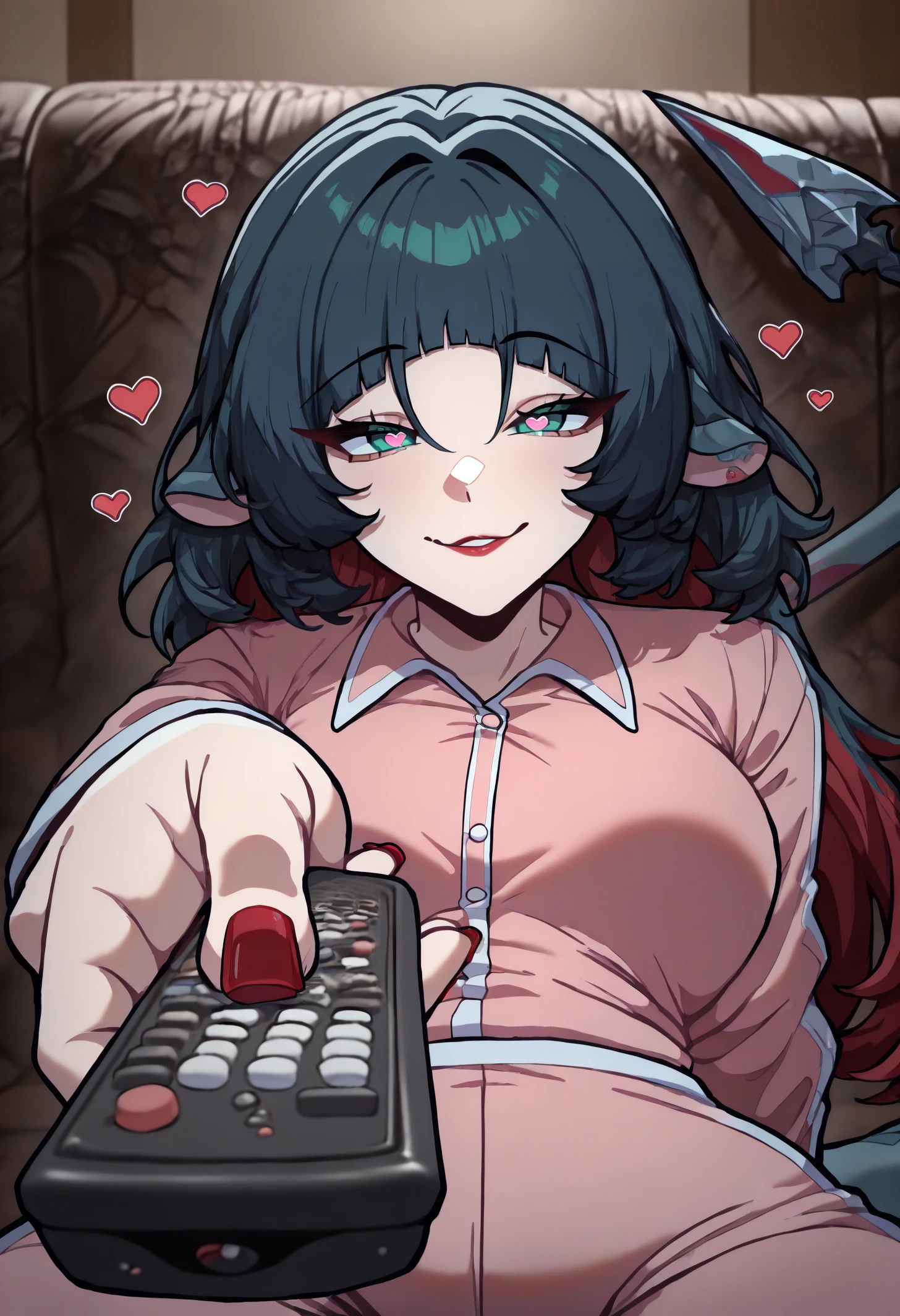 masterpiece, best quality, newest, absurdres, highres, 1girl, sitting, holding remote control, controller, on couch, looking at viewer,
<lora:ManWatchingTVMeme_illusXLNoobAI_Incrs_v1-000012:1>, pajamas, heart-shaped pupils, <lora:zzz_janedoe_illustriousXL:1> j4ne d0e, tail, two-tone hair, black hair, red hair, blunt bangs, animal ears, green eyes, red nails,