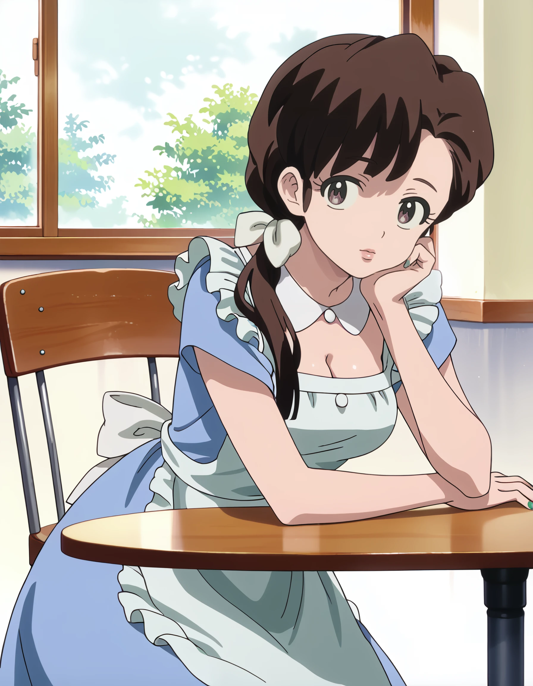 <lora:kasumi_tendou_pony:1> score_9, score_8_up, score_7_up, source_anime, rating:safe, kasumi_tendou, long_hair, brown_hair, ponytail, low_ponytail, white_bow, hair_bow, brown_eyes, short_sleeves, blue_dress, white_apron, 1girl, breasts, brown_coat, cleavage, cleavage_cutout, clothing_cutout, coat, fake_scan, fishnets, green_nails, head_on_hand, head_rest, looking_at_viewer, mature_female, on_stool, own_hands_together, power_symbol, red_lips, round_table, round_window, sitting, solo, table, window, (sorimachi-doufu:1.3), (1990s_\(style\)),, masterpiece, detailed, best_quality