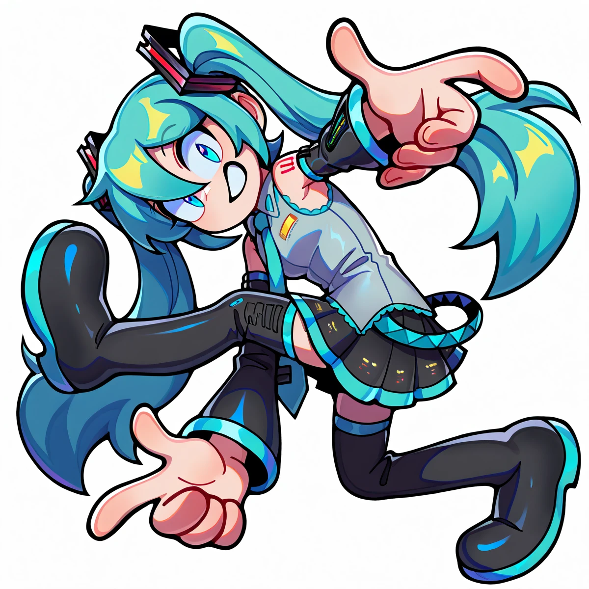 <lora:Sonic_Adventure_Pose_Illustrious-000009:1.1> masterpiece, absurdres, highres, 4k, by Goro Fujita, by Shuuko, by Kasia Nowowiejska, 1girl, hatsune miku, long sleeves, bare shoulders, skirt, thighhighs, sonic adventure pose, jumping, looking at viewer, grin, teeth, full body, simple background, white background