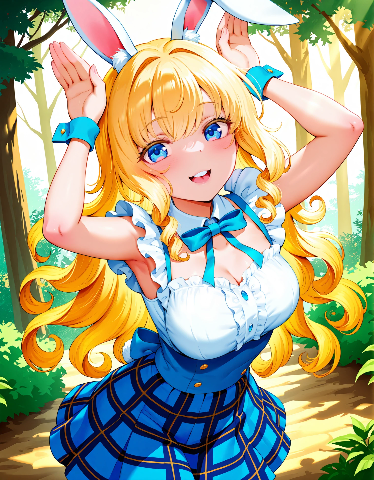 Mdastarou, 1girl, solo, alice in wonderland, blonde hair, blue eyes, curly hair, rabbit ears, checkered skirt, forest, buckteeth, rabbit pose, blue magic, fairy magic, magia record: mahou shoujo madoka magica gaiden,