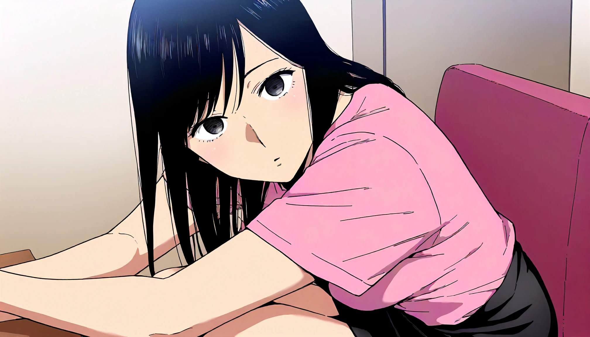 <lora:KZ_iida_rihoXLIllustrious003>,
masterpiece,best quality,good quality,newest,
detailed background,glitter,
looking at viewer,
anime coloring,
solo,
iida_riho\(karami_zakari\),1girl,black hair,long hair,black eyes,
pink shirt,t-shirt,short sleeves,
black skirt,pencil skirt,miniskirt,
sitting,