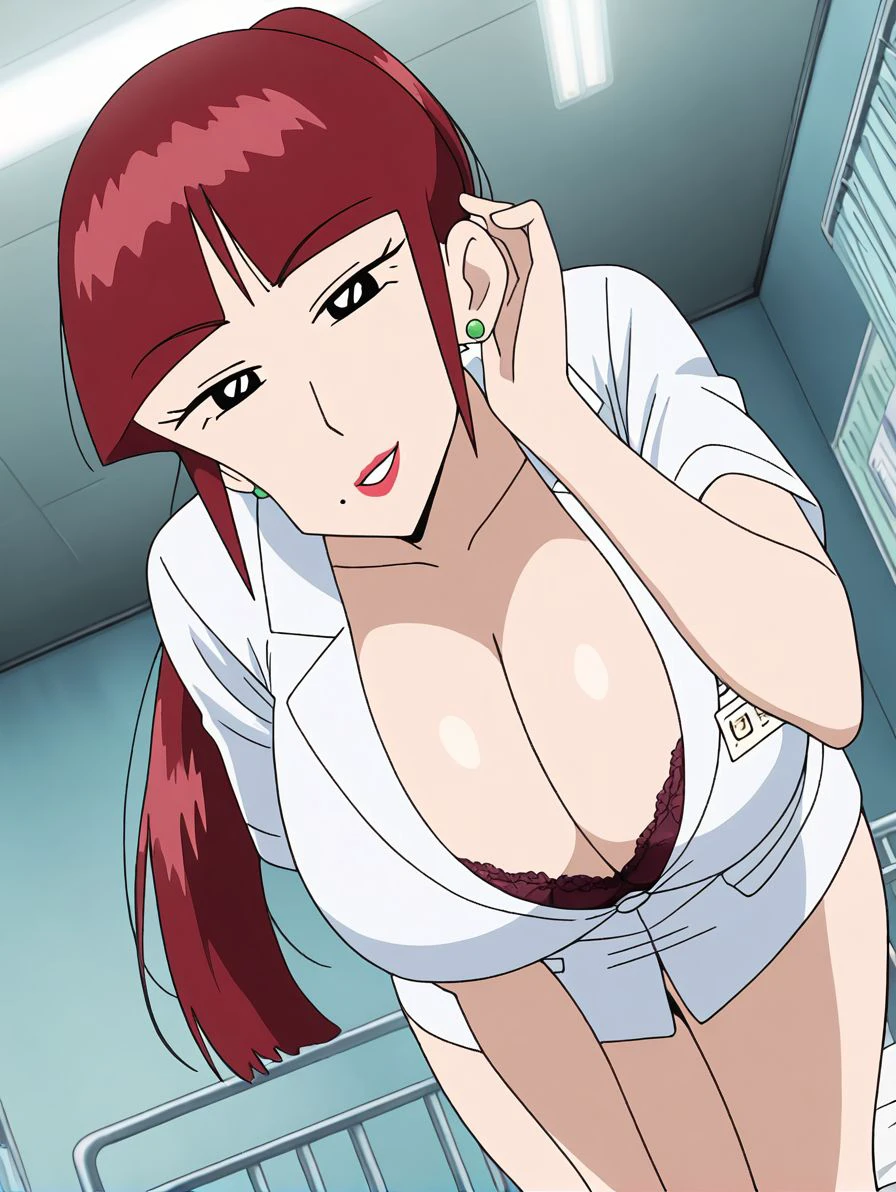 1girl,shiny skin,glistening skin,8k,<lora:omegaran_noob1.1_v1:1> ranomega, red hair, makeup,red lips, bangs,blunt bangs,mole under mouth,earrings,huge breasts,mature female,alternate costume, alternate hairstyle,white dress,name tag,thick thighs,ponytail, BREAK
standing,bent over,breast focus,smile,looking at viewer,parted lips,hospital bed,hospital,room,adjusting hair,hand in own hair,bra slip,BREAK
explicit,masterpiece, best quality, very aesthetic, absurdres,anime screencap,dutch angle,
