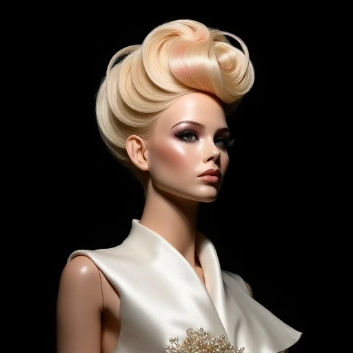 A haute couture model on a cat walk wearing a whimsical pantsuit, her hair is styled in an artistic updo, front angle. A lofty arrangement of light-blonde and medium strawberry-blonde sections swept upward into a dramatic swirl at the crown. The topmost coil stands high above the forehead, shaped into a layered arc that reveals hints of pinkish tones near the tips. Delicate strands, some teased for volume, extend outward from the central swirl, adorned with tiny pearl-tipped wires that fan out behind the head. A few loose pieces frame the mannequin’s face, while a large portion of hair at the front is combed over one side, adding a side-swept effect. The mannequin wears a structured satin garment in white, with an ornamental cluster on the left shoulder. The black background accentuates both the pastel highlights in the hair and the reflective pearl accents.