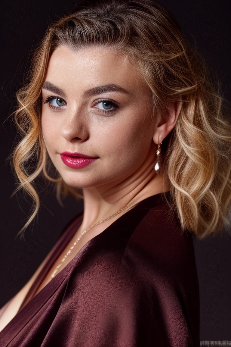 dsea, flash photography, makeup, silk kimono, necklace, earrings, lipstick, sharp focus, curly blonde hair, looking away, high fashion, magazine photo, dark background,, best quality, perfect face, face details, <likenesshelpbyshurik3>:1.33, sharp focus, ultra high res, raw photo, fujifilm, eyeshadow,