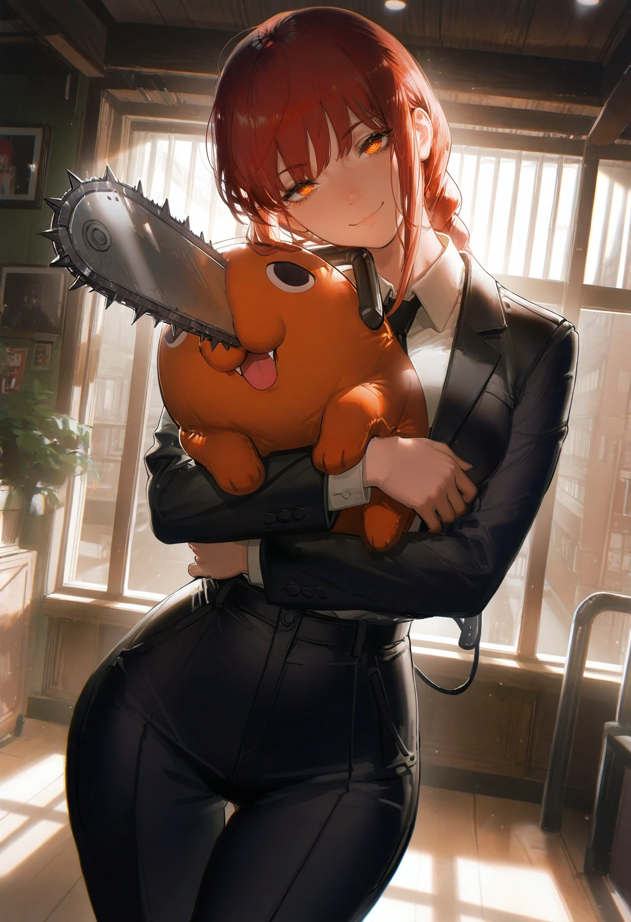 (liduke:1.2), (mamimi \(mamamimi\):1.2) guweiz,
newest, masterpiece, best quality, absurdres, highres,
dynamic angle, dynamic pose, facing viewer, smile, smug, (head tilt:1.2),
1girl, solo, makima \(chainsaw man\), medium breasts, formal, (hugging stuffed pochita \(chainsaw man\):1.2), wide hips, curvy, narrow waist,
indoors, detailed background, backlighting,
<lora:WSSKX_WAI:0.8>
<lora:ponyv6_vpred6:0.3> <lora:USNR STYLE_XL_lokr:0.3> usnr,