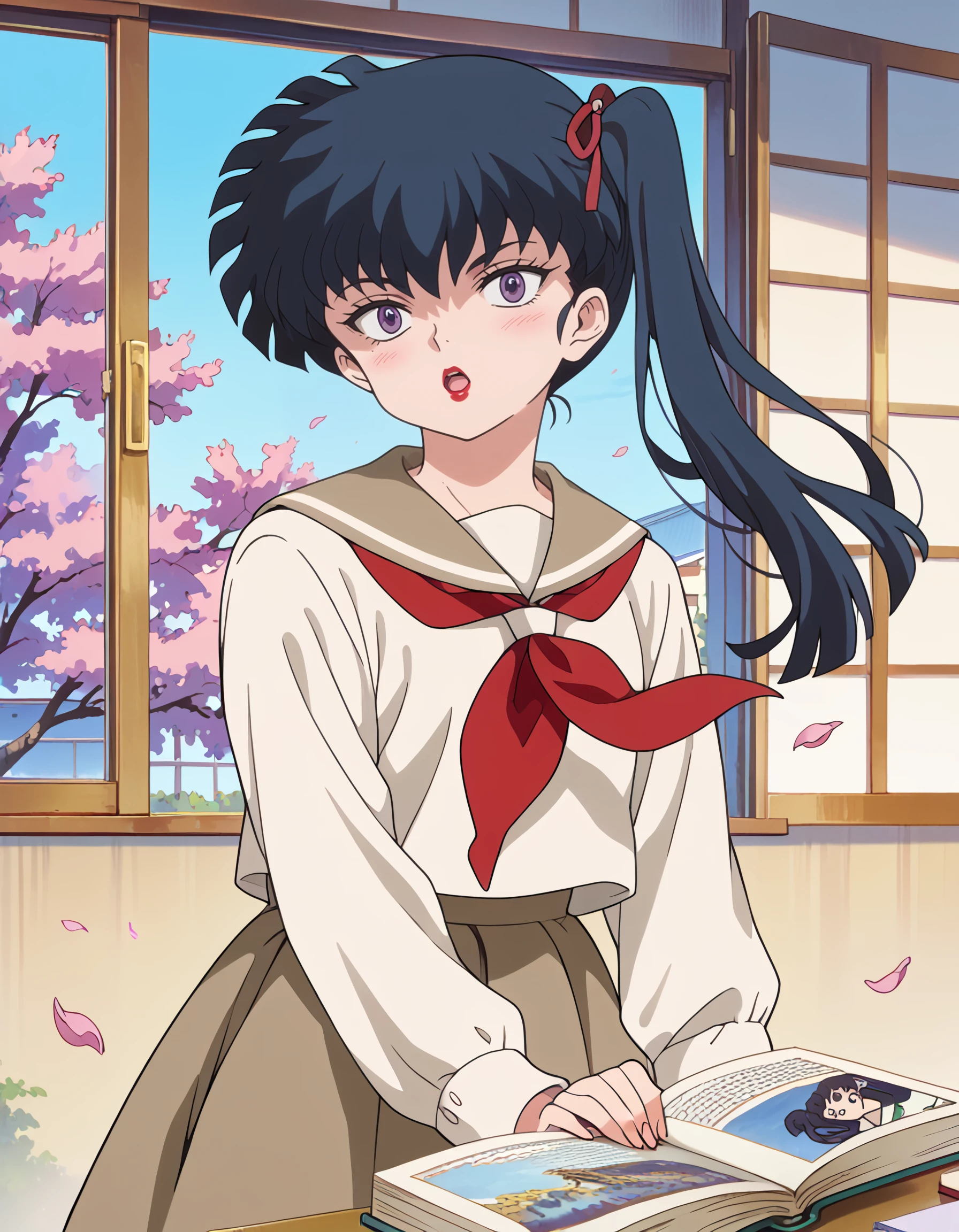 <lora:kodachi_kunou_pony:1> score_9, score_8_up, score_7_up, source_anime, rating:safe, kodachi_kunou, long_hair, black_hair, side_ponytail, hair_ribbon, purple_eyes, makeup, lipstick, red_lips, school_uniform, , white_shirt, brown_skirt, long_sleeves, red_neckerchief, 1girl, arms_on_table, book, cherry_blossoms, falling_petals, from_outside, head_tilt, light_blush, looking_at_viewer, open_mouth, petals, solo, window,, shadow, contrast, glow, (1990s_\(style\), masterpiece, detailed, best_quality