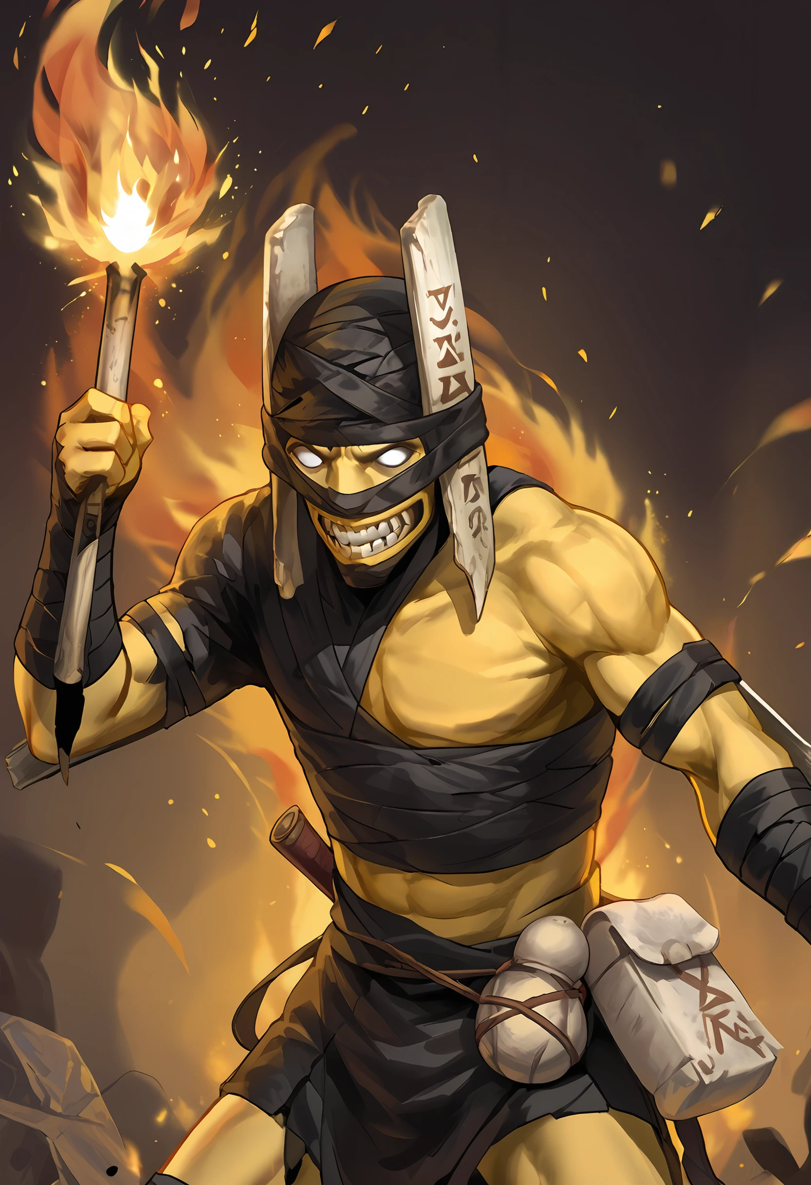 <lora:Shadow_Shaman__DOTA2:0.9>, 1boy, yellow skin, black bandage, empty white eyes, no pupils, fire weapon