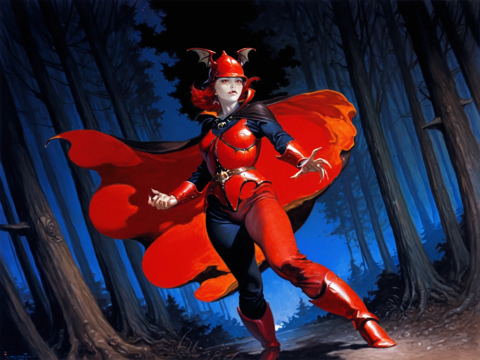 <lora:FrankFrazzetaXLV6:0.15>,
adult woman, vampire, cape, wind, helmet, red armor, red eyes, red hair, forest, battle stance, outdoors, solo, dynamic angle, night,
, 5 fingers, <lora:FrankFrazettaIL_r2:0.7>, traditional media, realistic